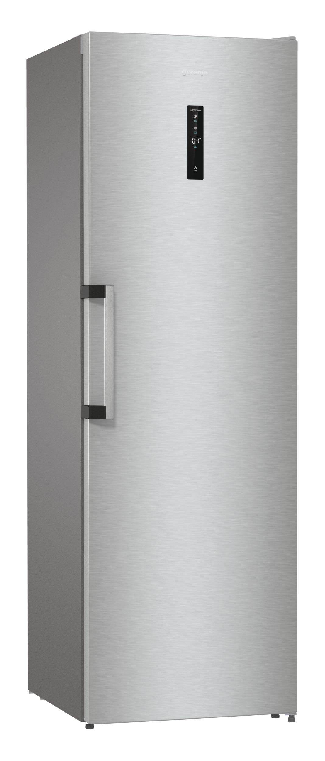 Silberfarbener Kühlschrank mit Griff und Bedienfeld.