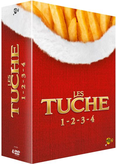Un coffret DVD de 'Les Tuche' avec un design de frites, couleurs rouge et blanc.