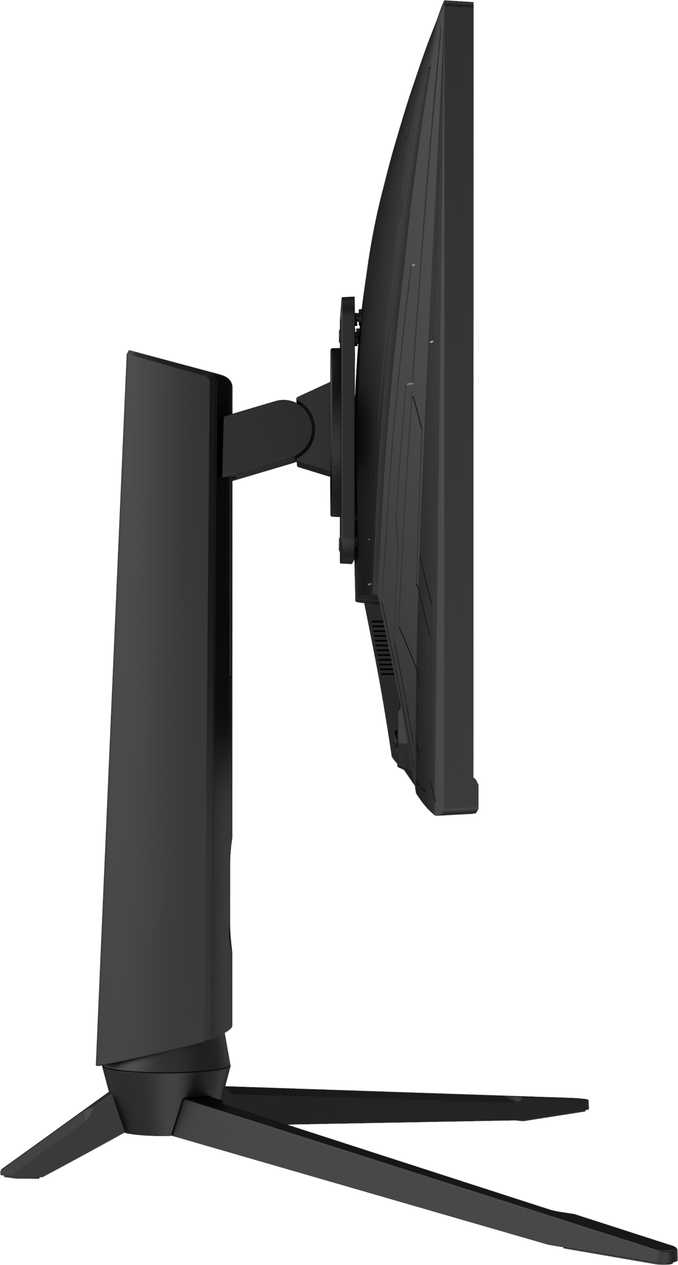 Schwarzer Computermonitor mit Ständer und dunklem Hintergrund.