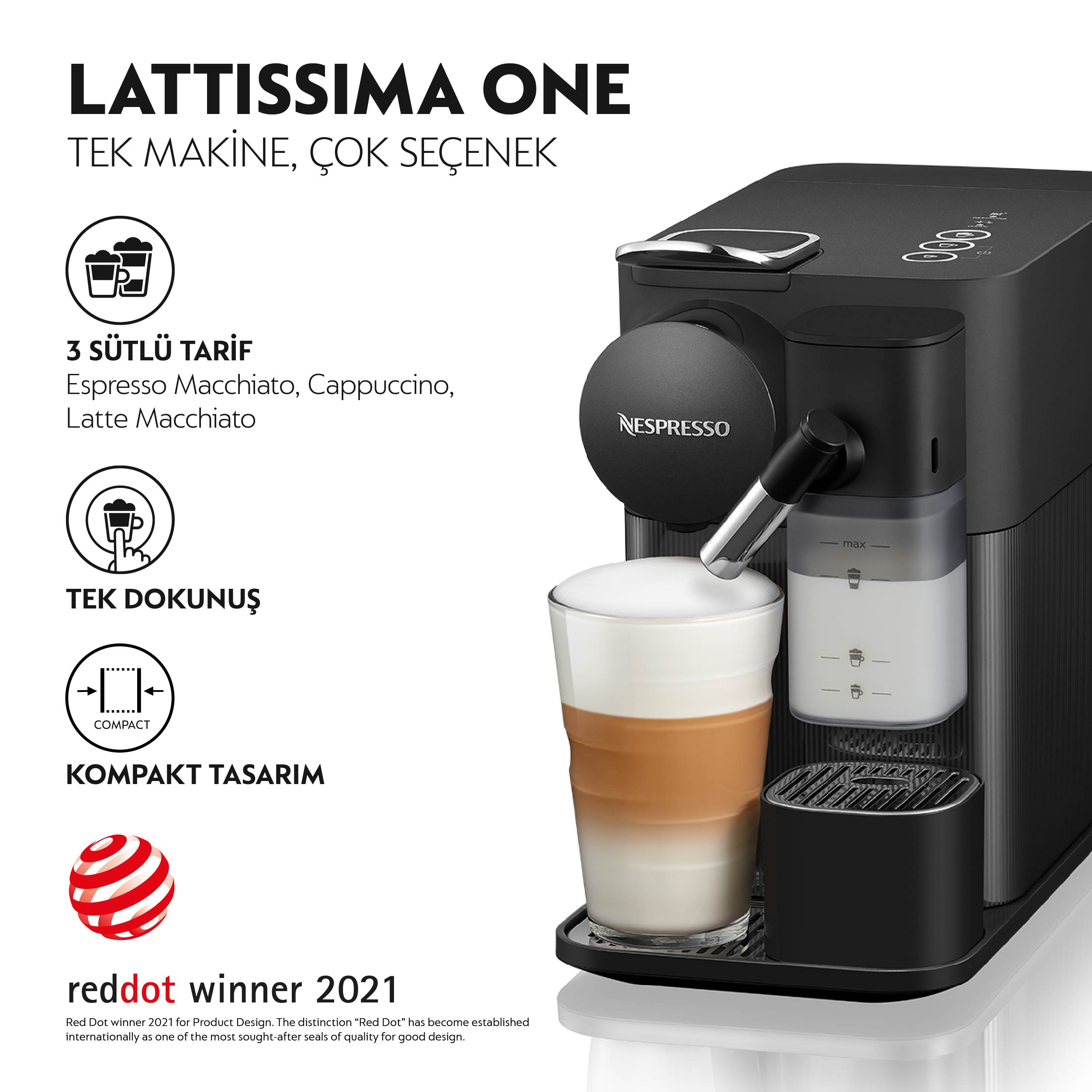 Siyah Nespresso kahve makinesi, süt köpürtücü, kahveli bardak.