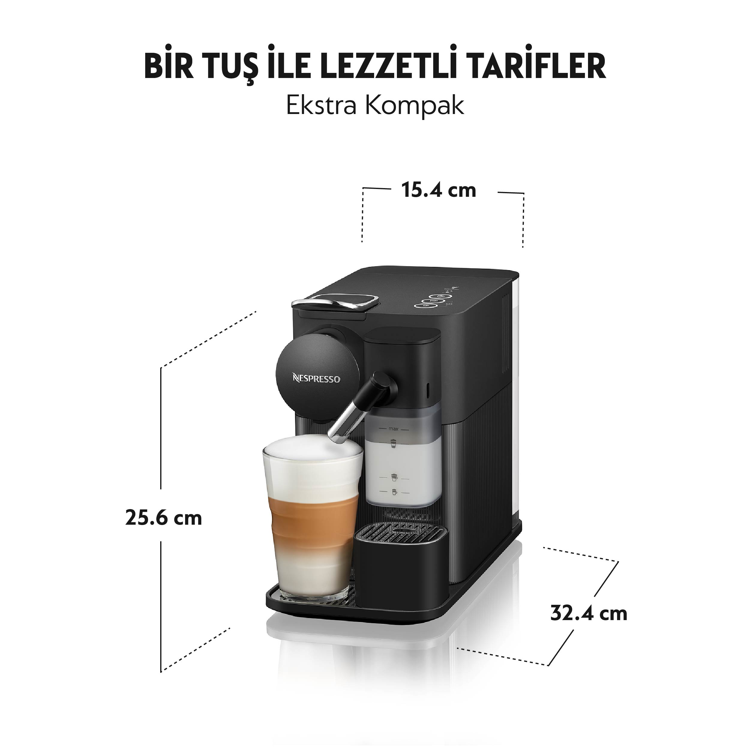 Siyah bir Nespresso kahve makinesi ve latte, ölçüler 15.4x25.6x32.4 cm.