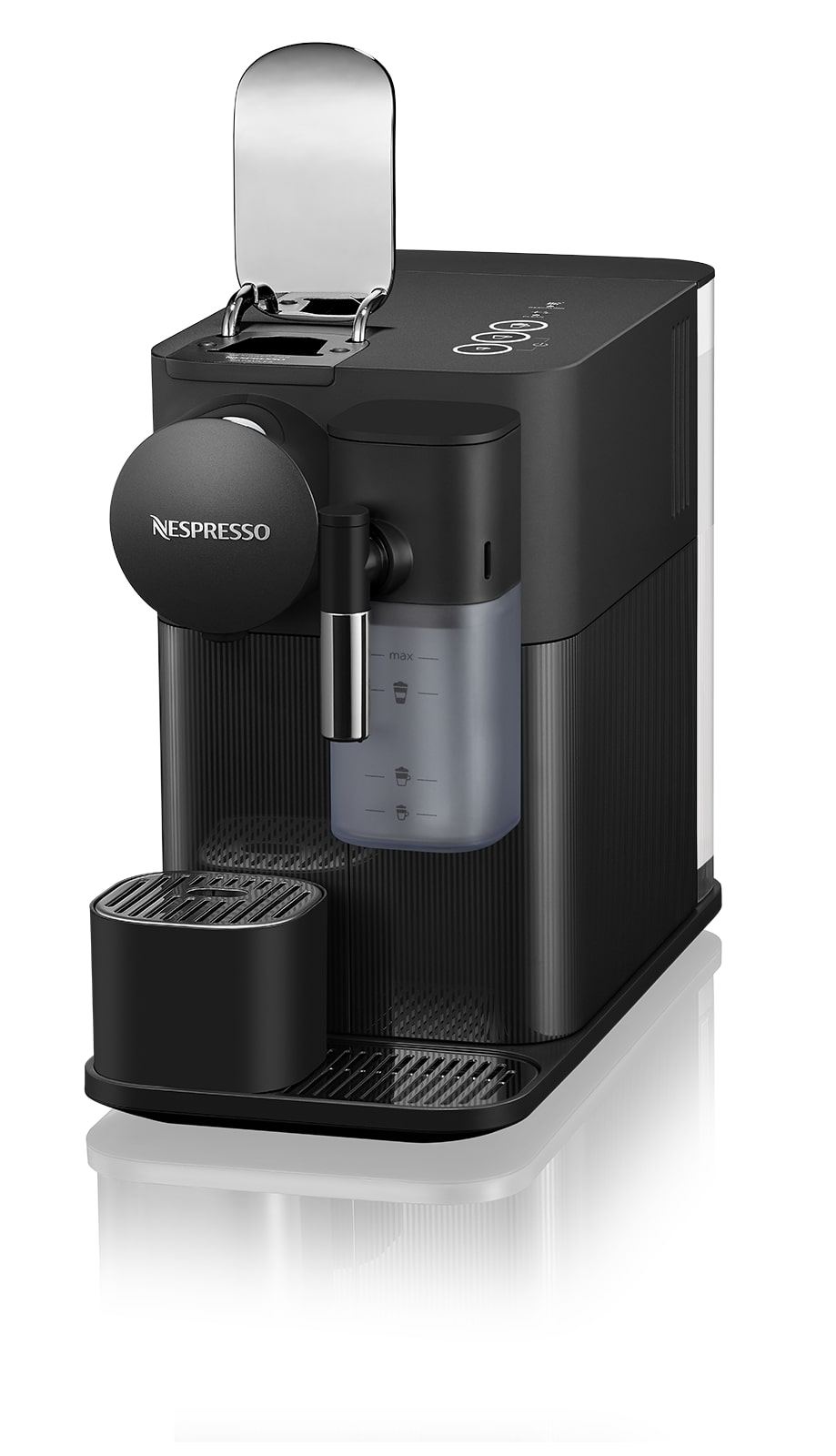Siyah Nespresso kahve makinesi, yan görünüm, su tankıyla.
