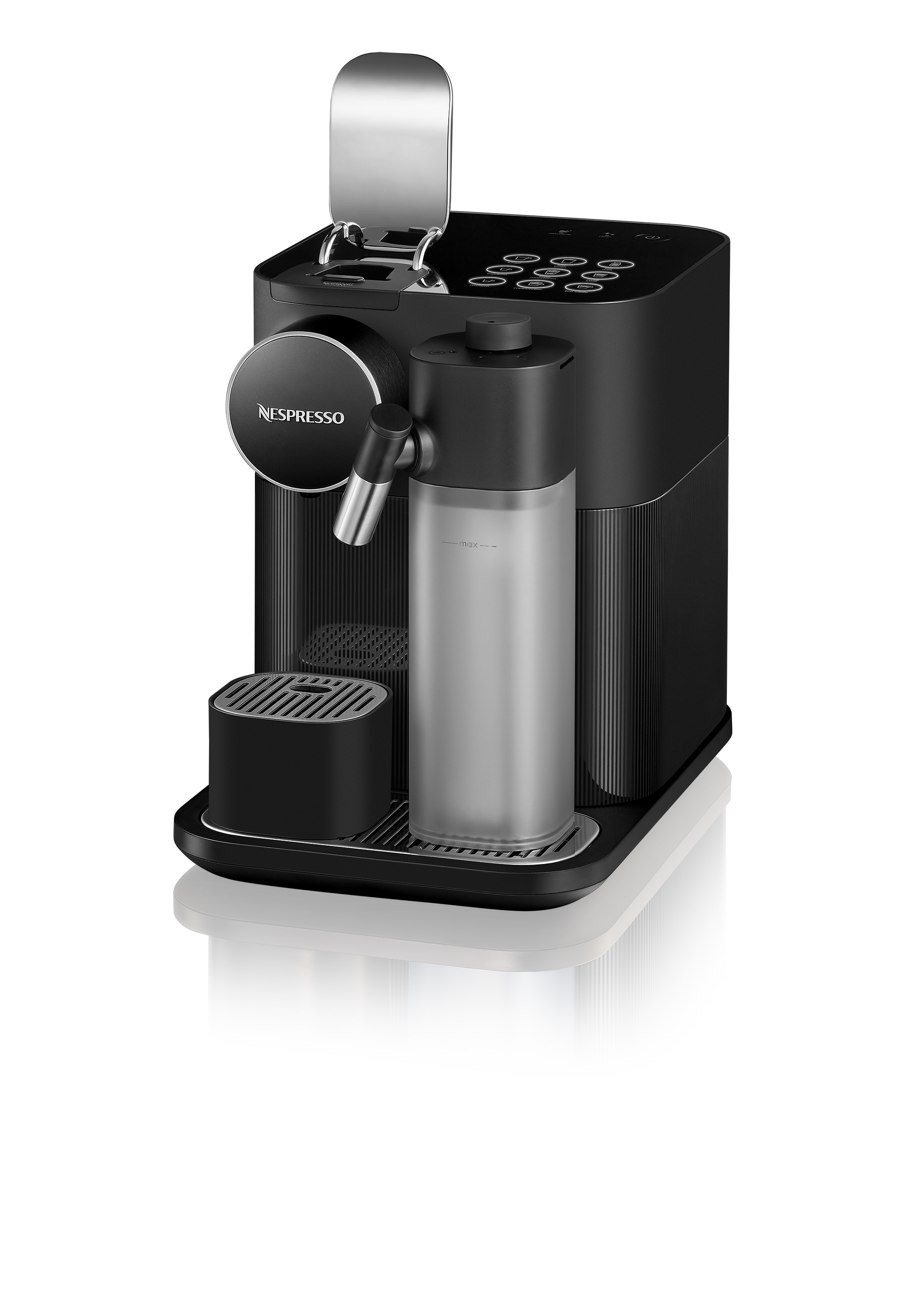 Siyah Nespresso makinesi, su kabı, bir fincan ve ölçümler gösteriliyor.
