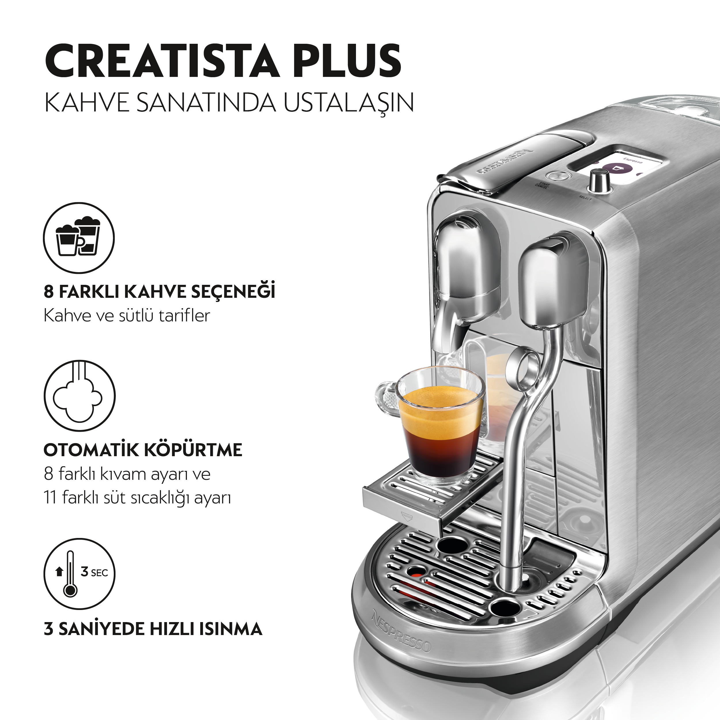 Gümüş espresso makinesi, bir fincan kahve ve açıklayıcı metin.