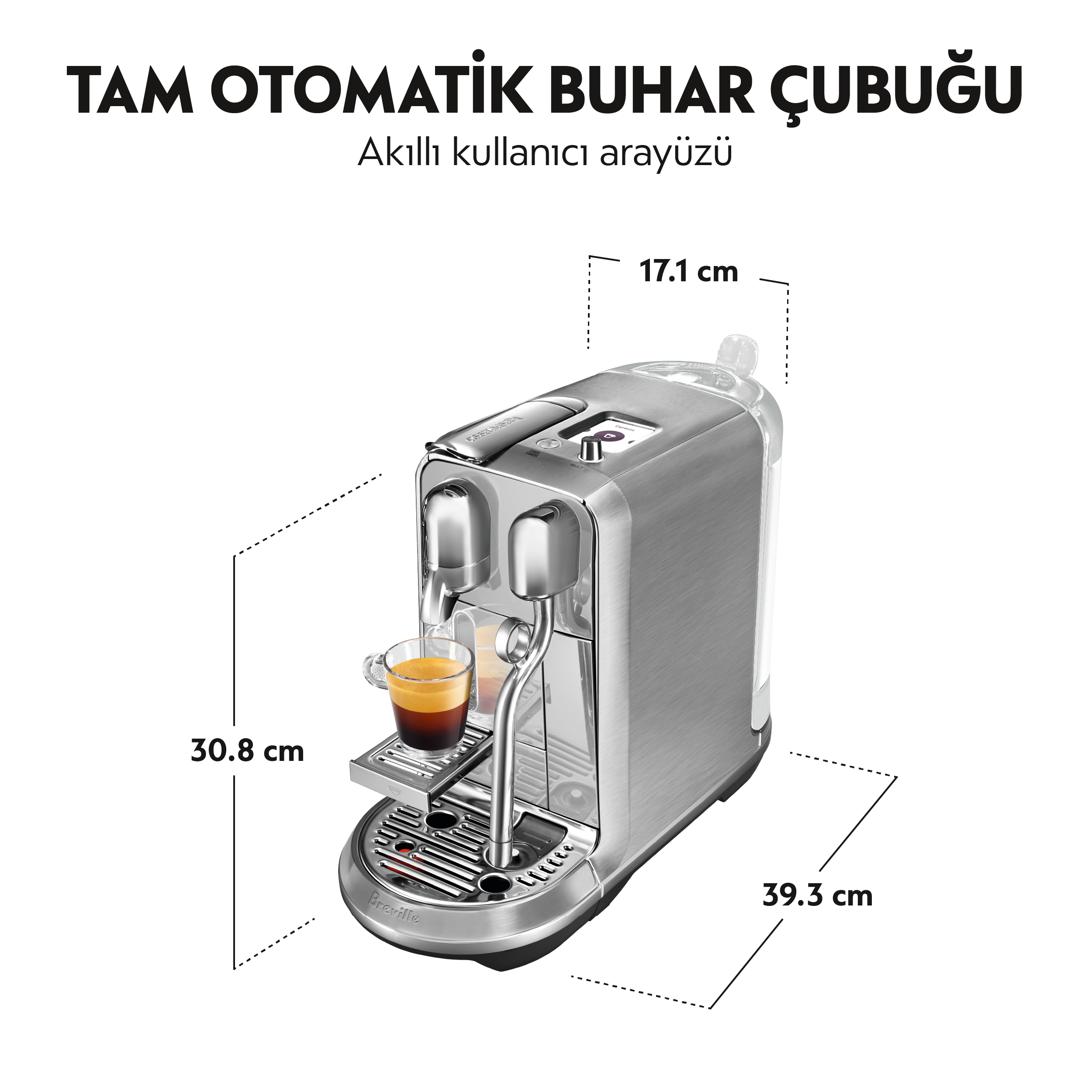 Bir fincan kahve ve görüntülenen boyutlarla gümüş kahve makinesi.