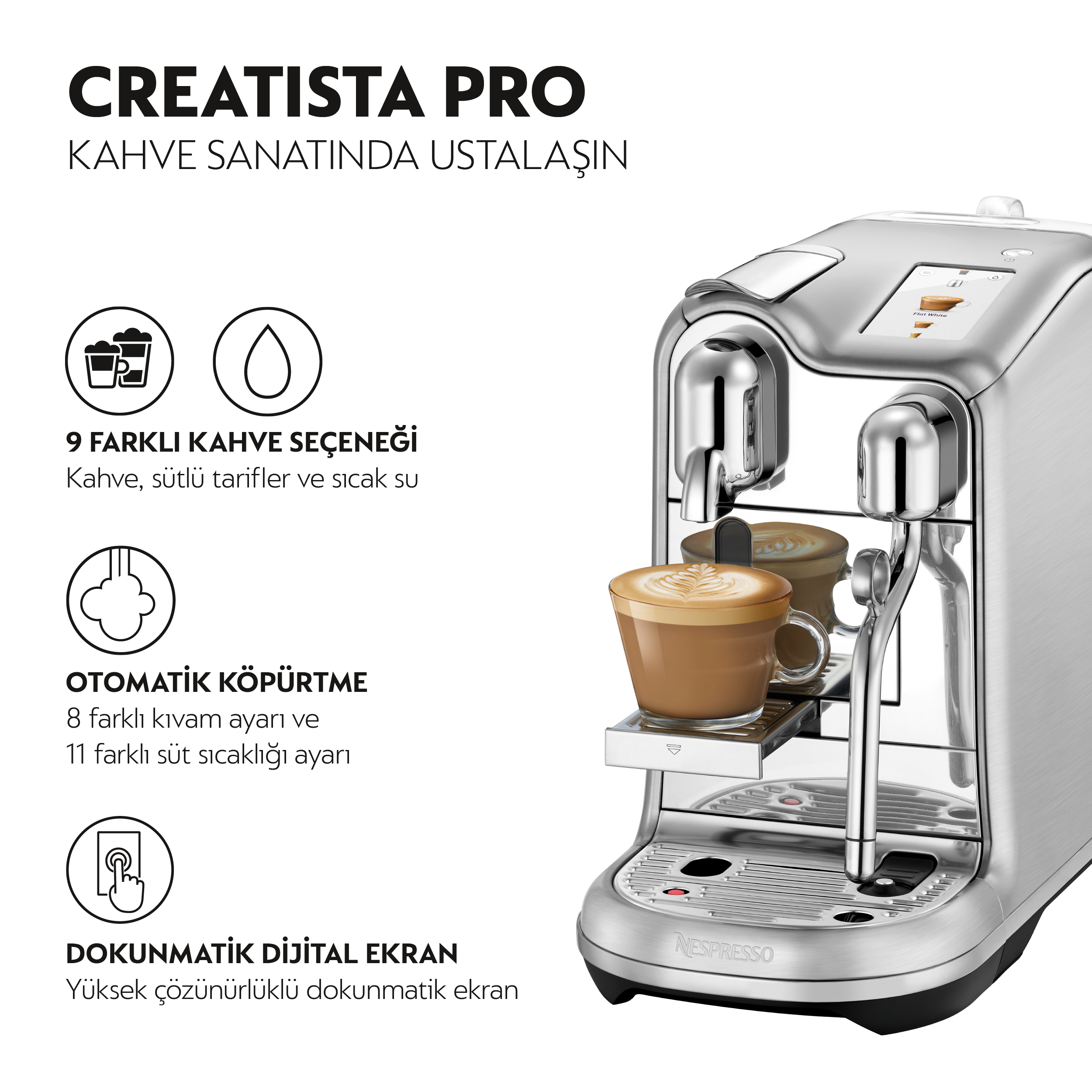 Beyaz zemin üzerinde metin ve simgeler bulunan gümüş renkli bir Nespresso kahve makinesi.
