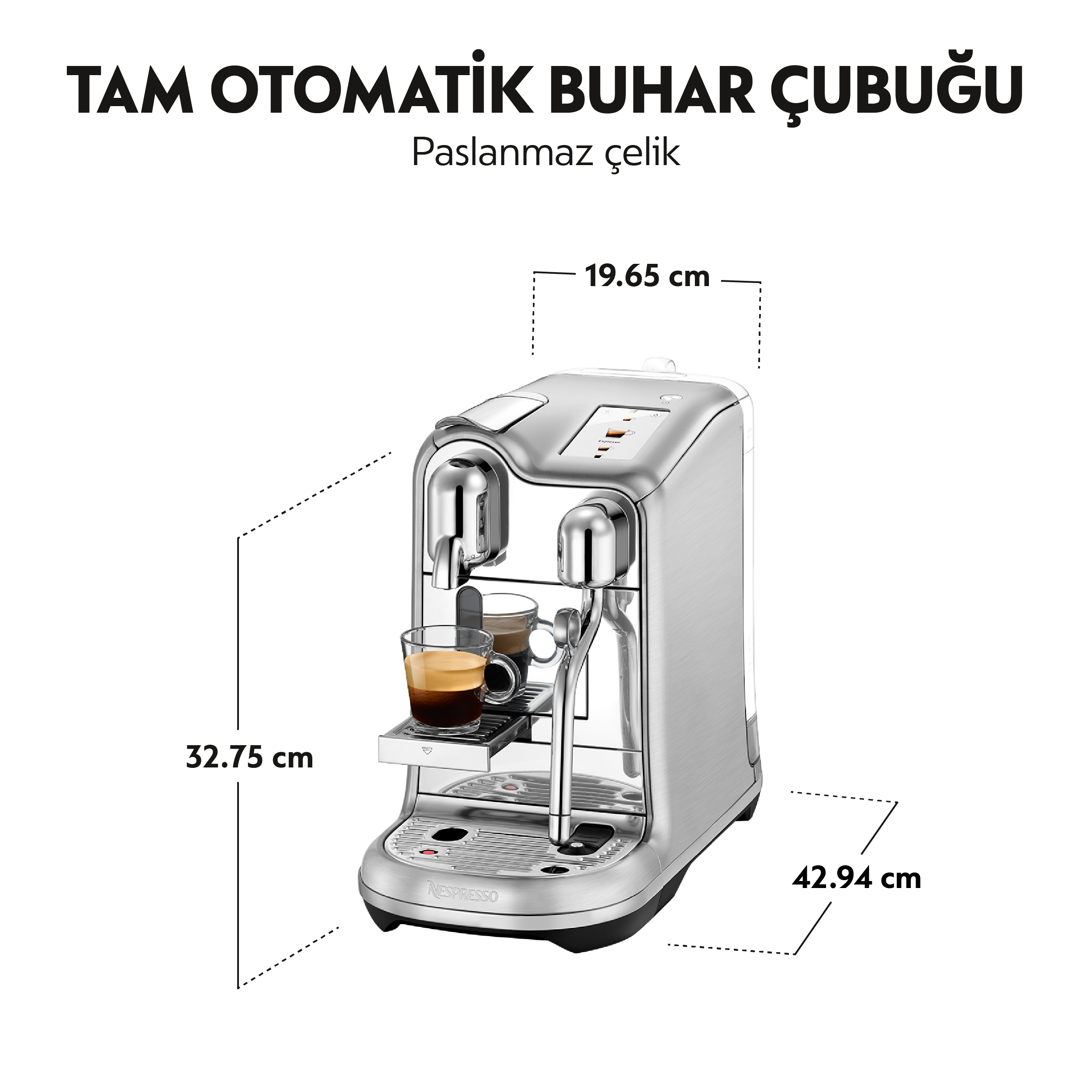 Gümüş Nespresso kahve makinesi, ölçüler ve Türkçe metinler ile.