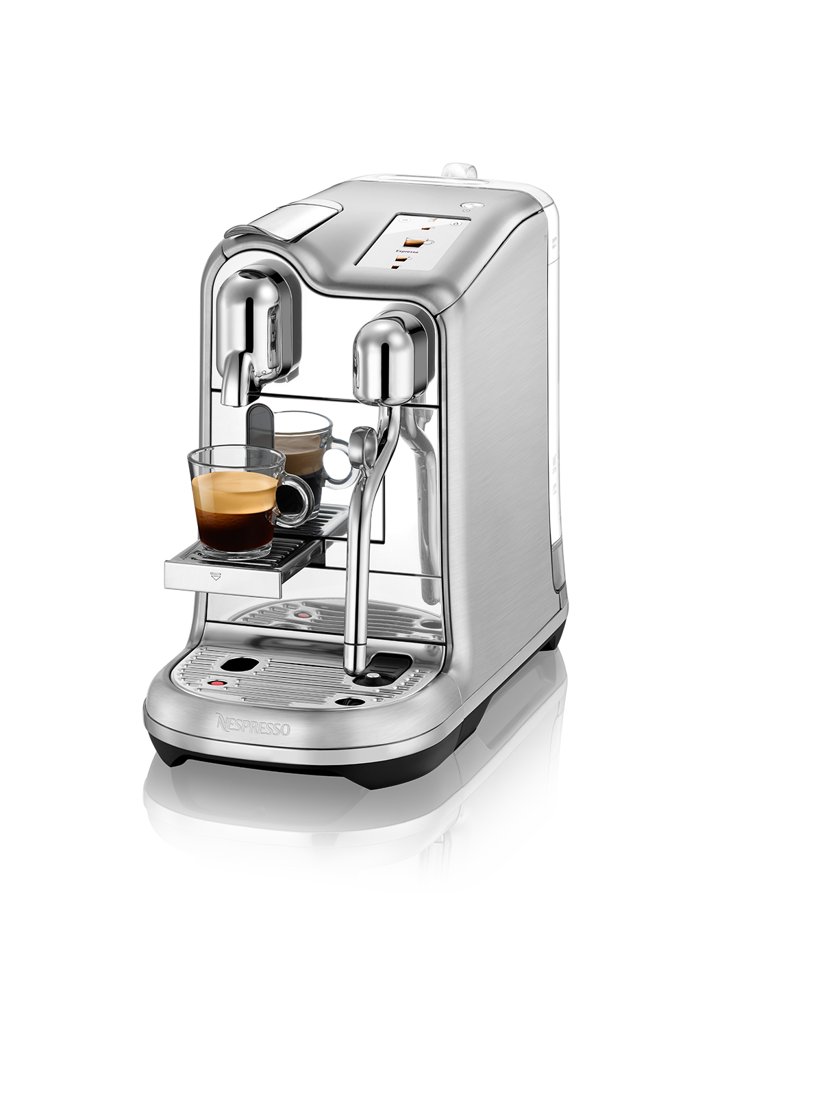 İki fincan ve parlak siyah yüzeyli gümüş Nespresso kahve makinesi.