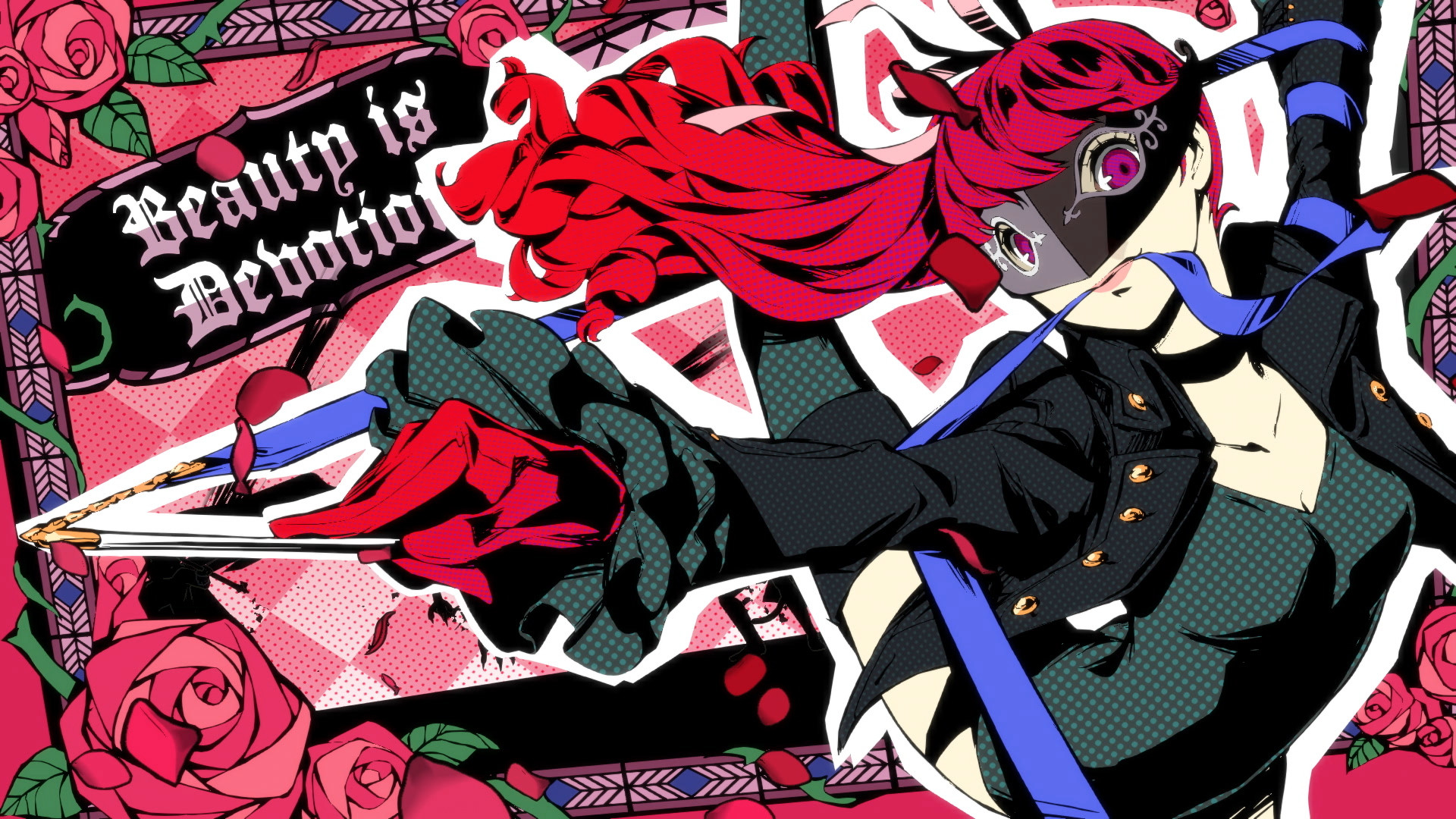 Anime-Illustration einer Figur mit Maske und roten Haaren, die eine Klinge hält. Text: "Beauty is Devotion".
