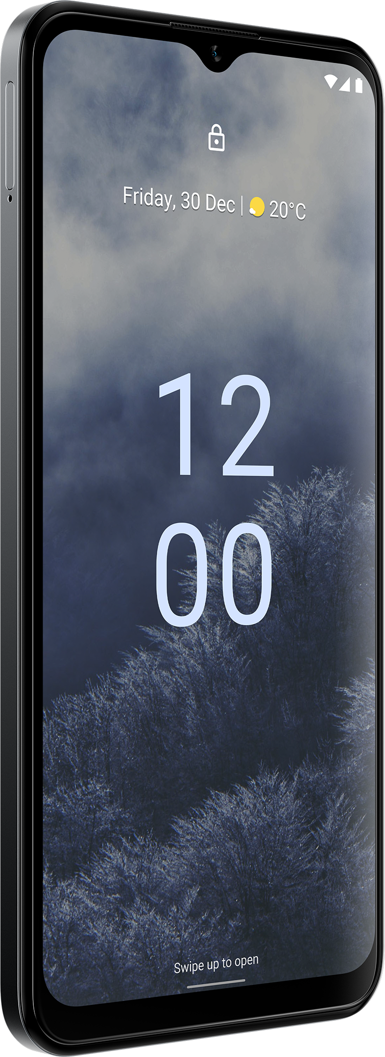 Nokia telefon, a képernyőn 12:00-t mutat. A háttér egy elmosódott erdei jelenet.