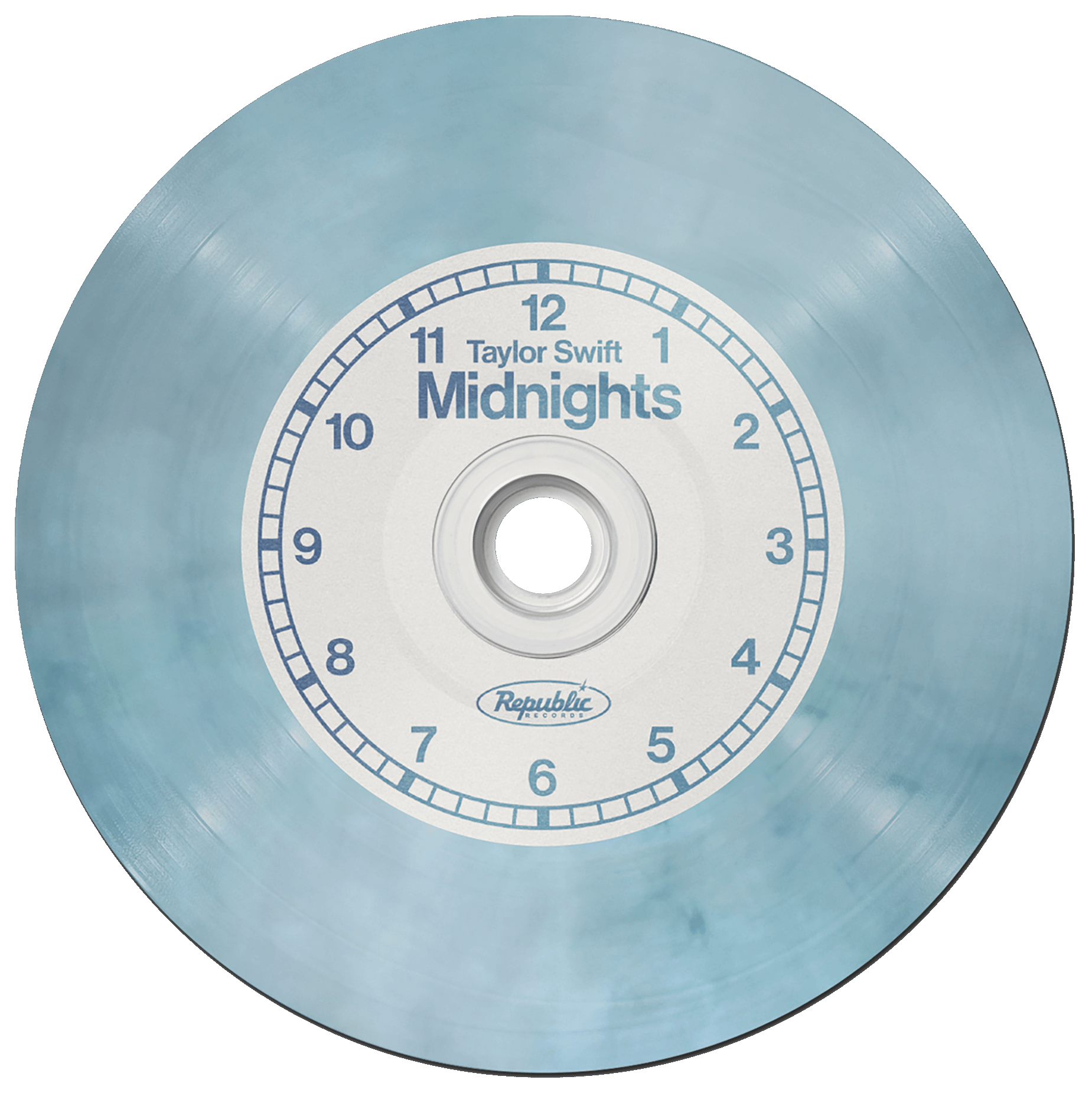 Egy kék bakelitlemez, a 'Midnights' felirattal, Taylor Swift előadásában, óralap designnal.