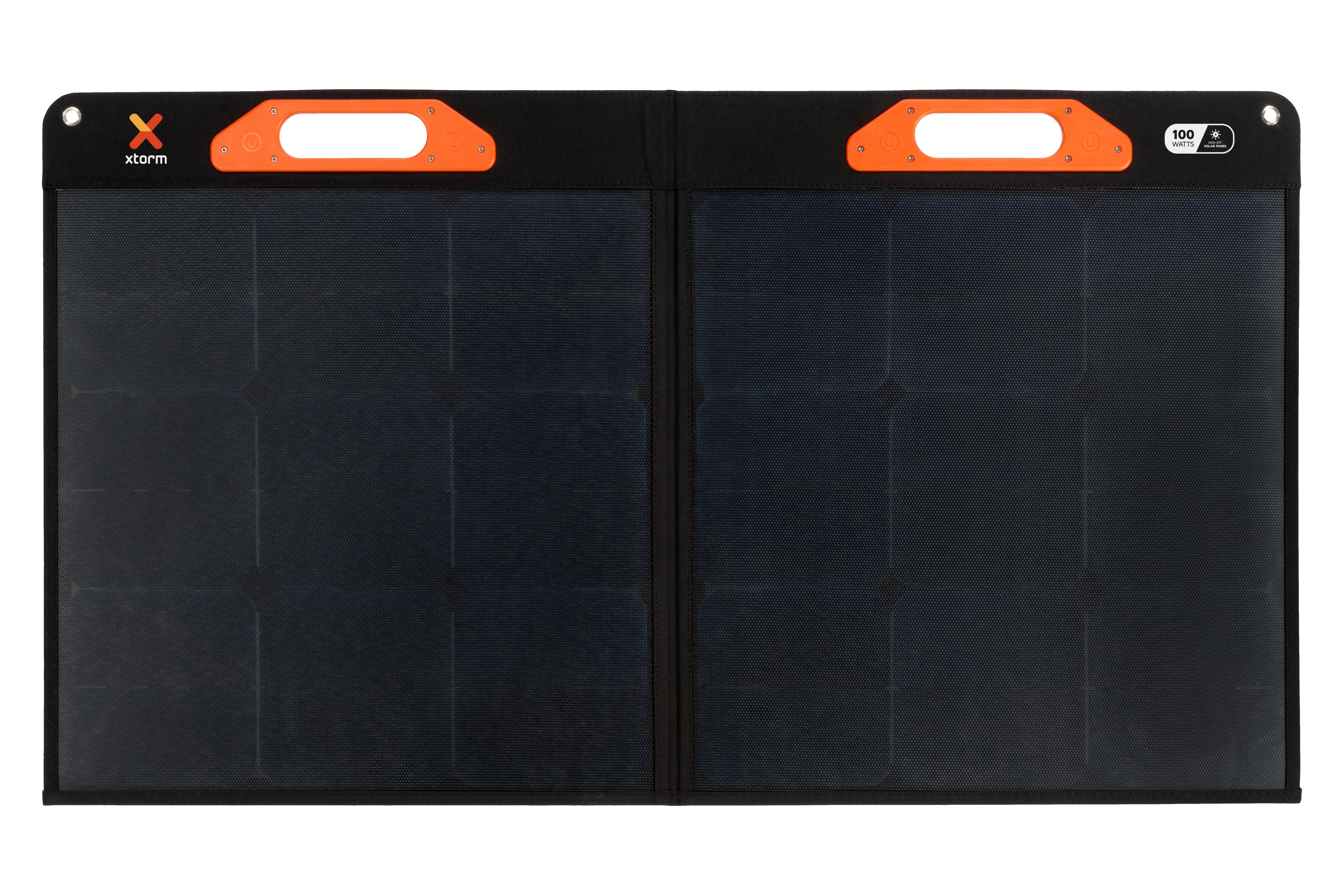 Faltbares Solarpanel mit schwarzen Paneelen und orangefarbenen Griffen.