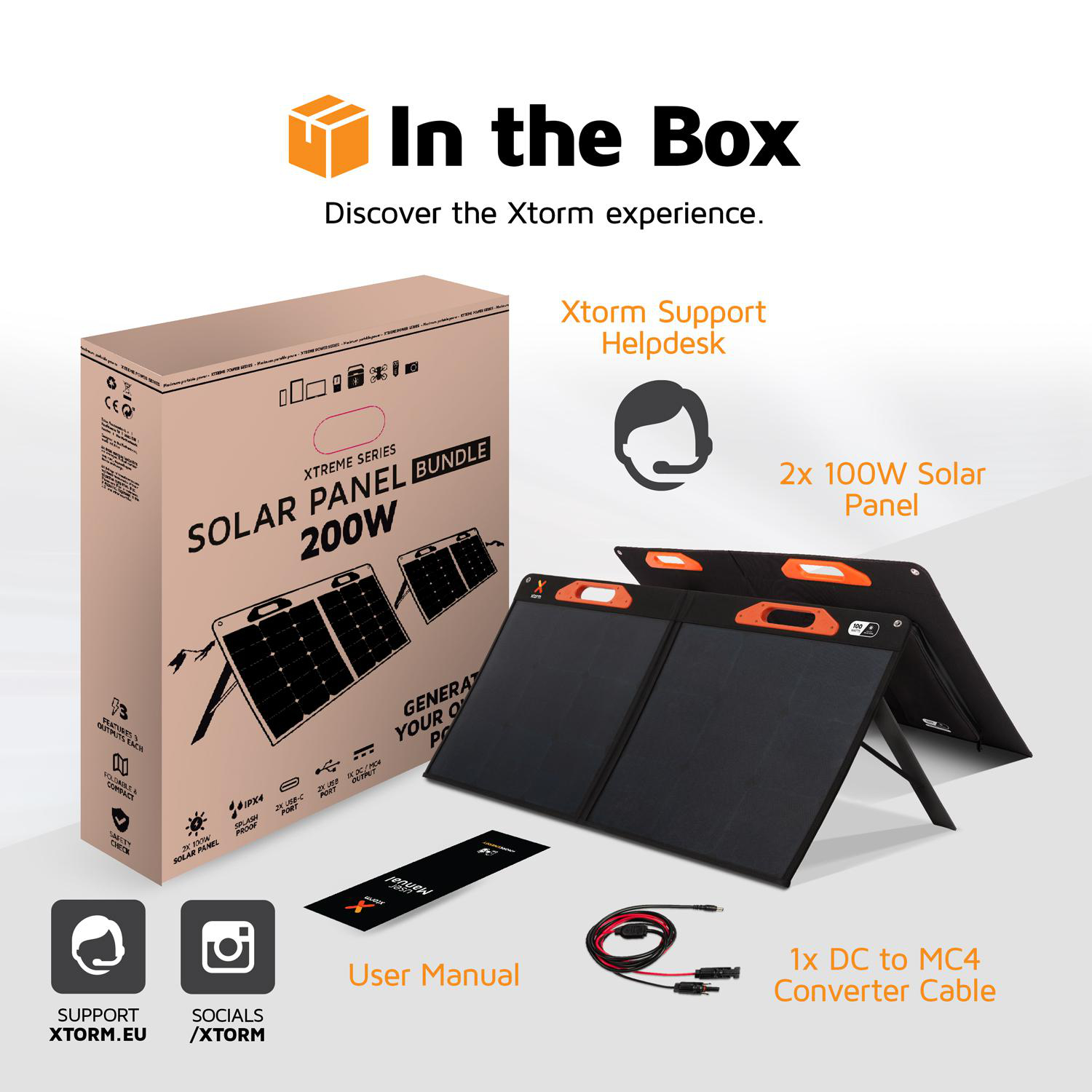 Xtorm Solar Panel Bundle: 2x 100W Panele, Kabel, Handbuch, Support-Info.