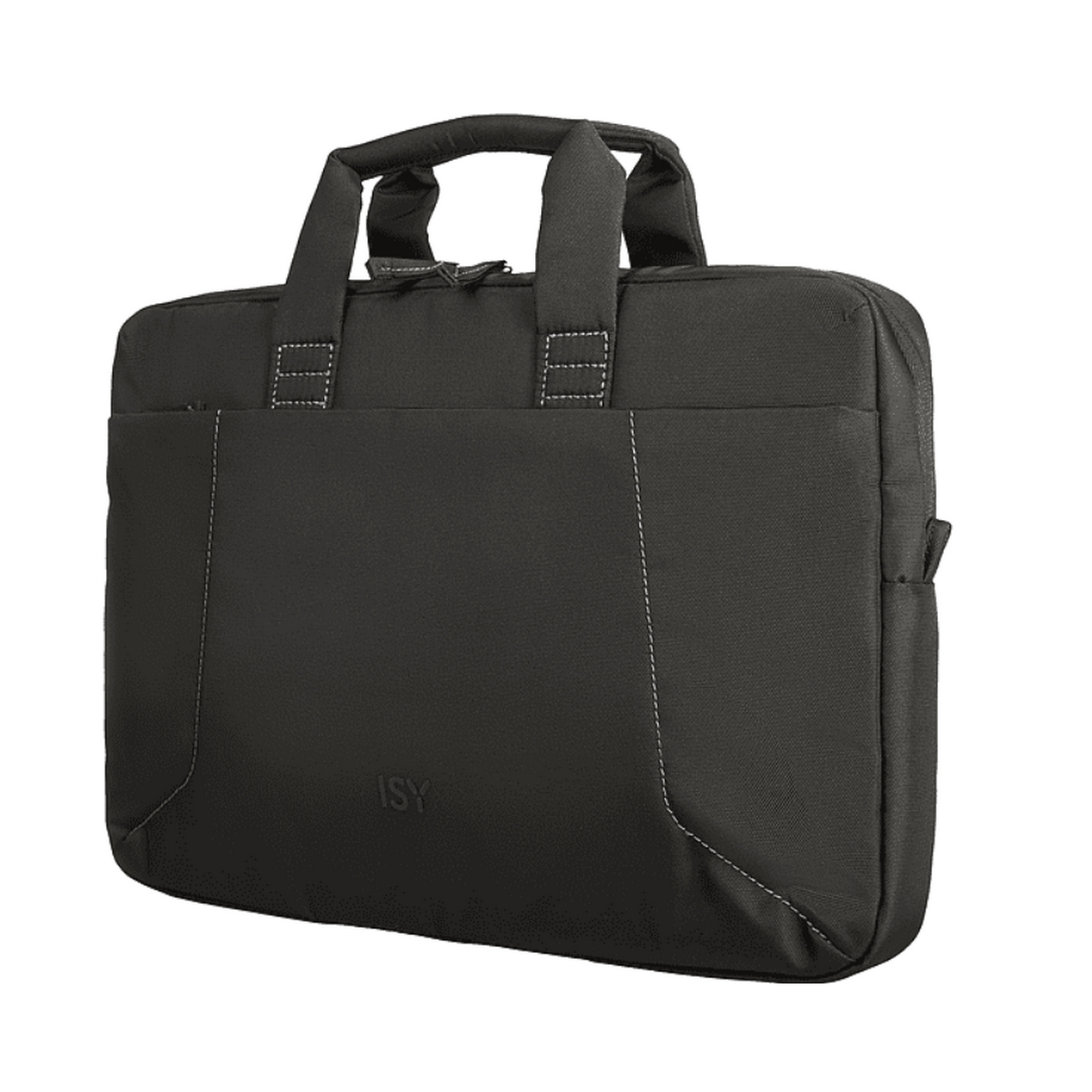 Bolsa para portátil ISY negra con costuras blancas y asa. El logotipo de ISY está en la bolsa.