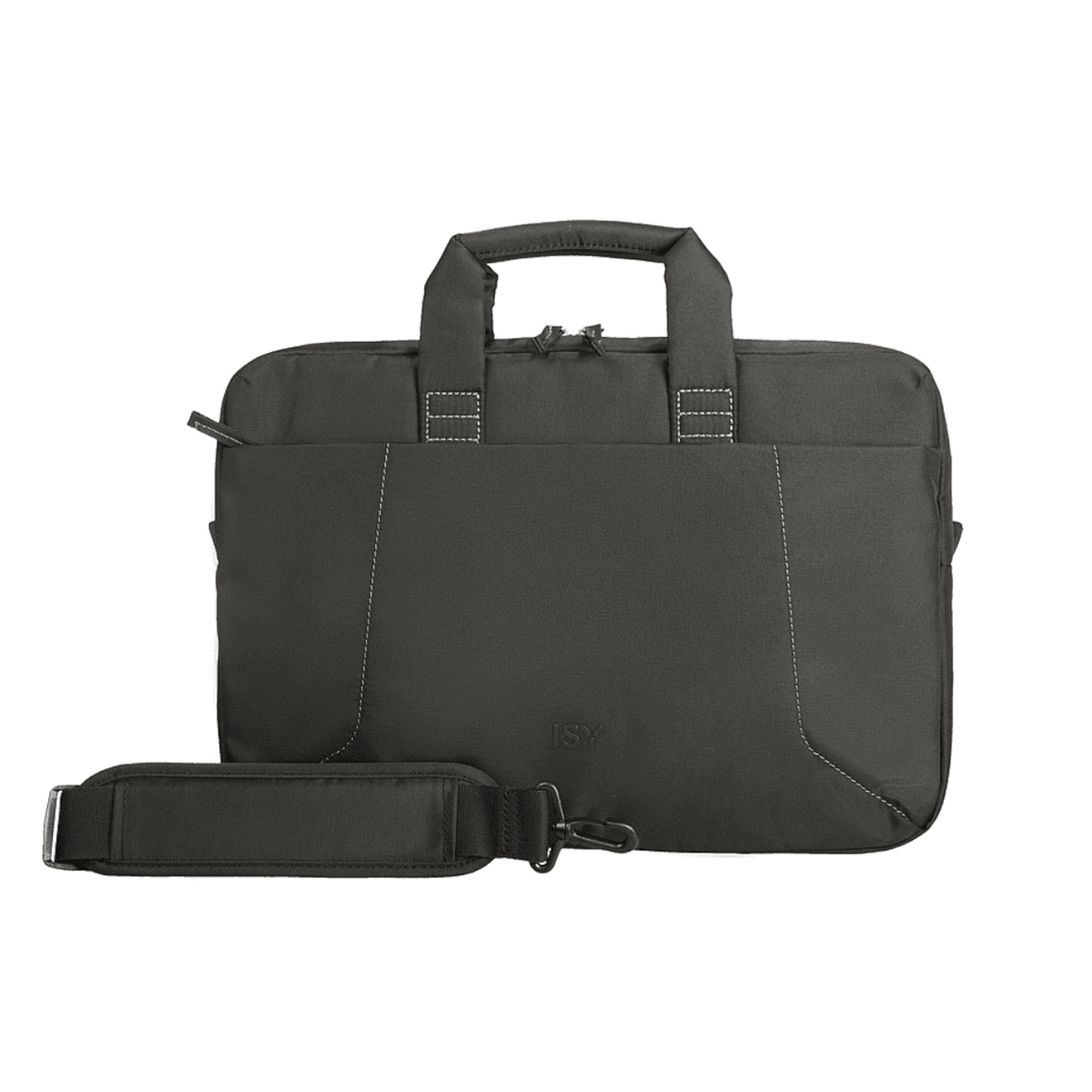 Bolsa negra para portátil con asa, correa para el hombro y logotipo ISY.