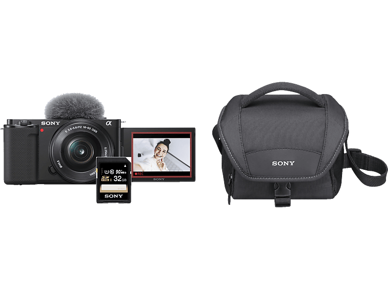 SONY Alpha ZV-E10L Kit + Tasche + Speicherkarte Systemkamera mit Objektiv 16-50 mm, 7,5 cm Display Touchscreen, WLAN