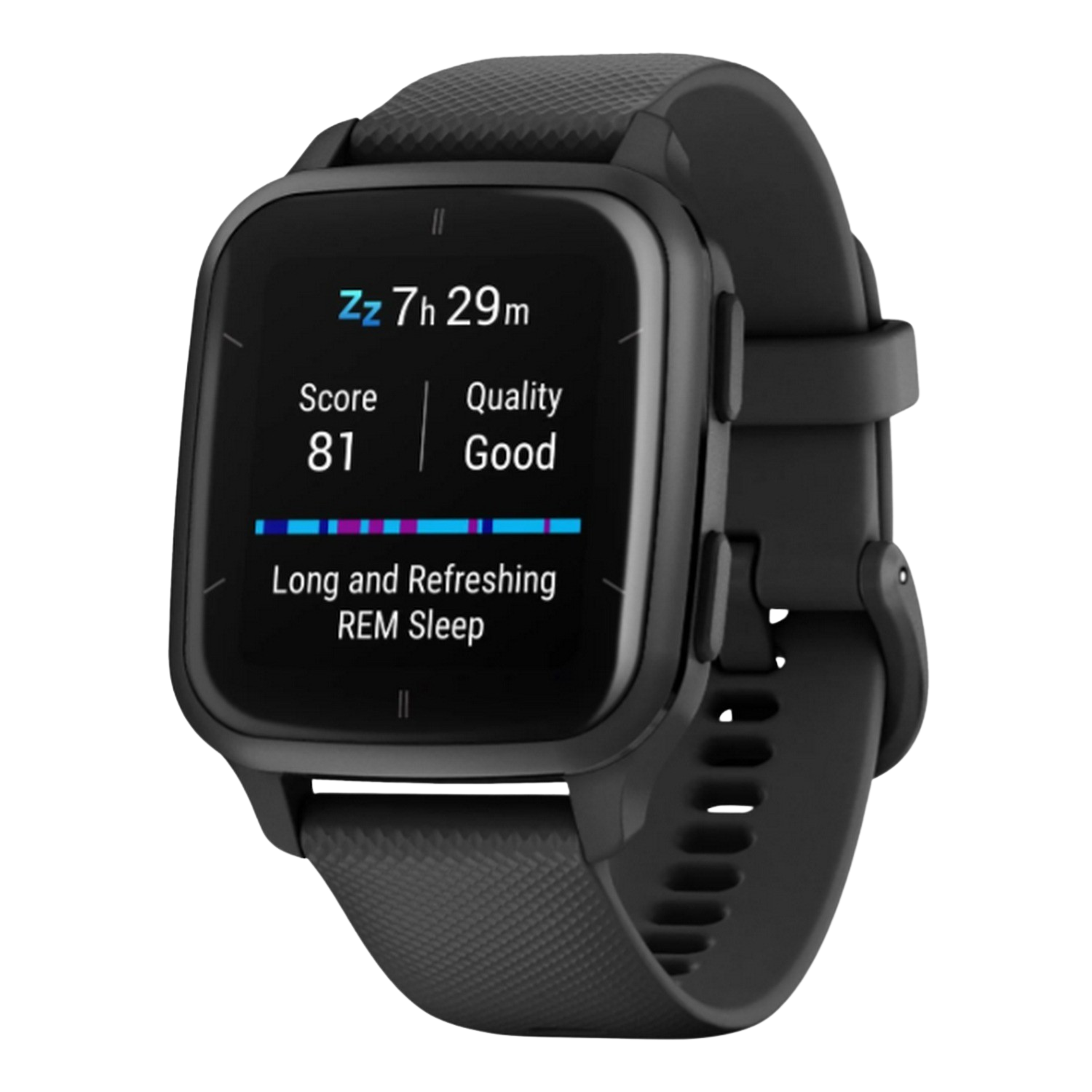 Smartwatch Garmin. Negro, esfera cuadrada. Muestra datos de sueño: duración, puntuación y calidad.