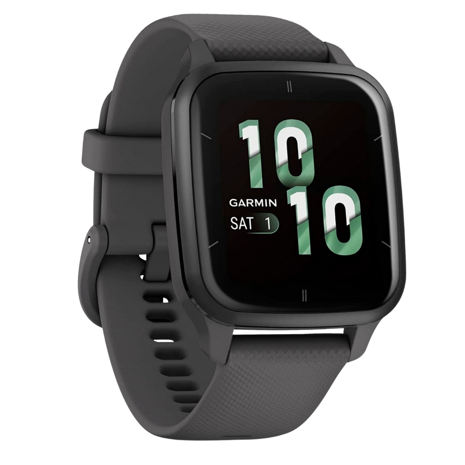 Reloj inteligente Garmin negro, cuadrado, con pantalla de tiempo y correa.