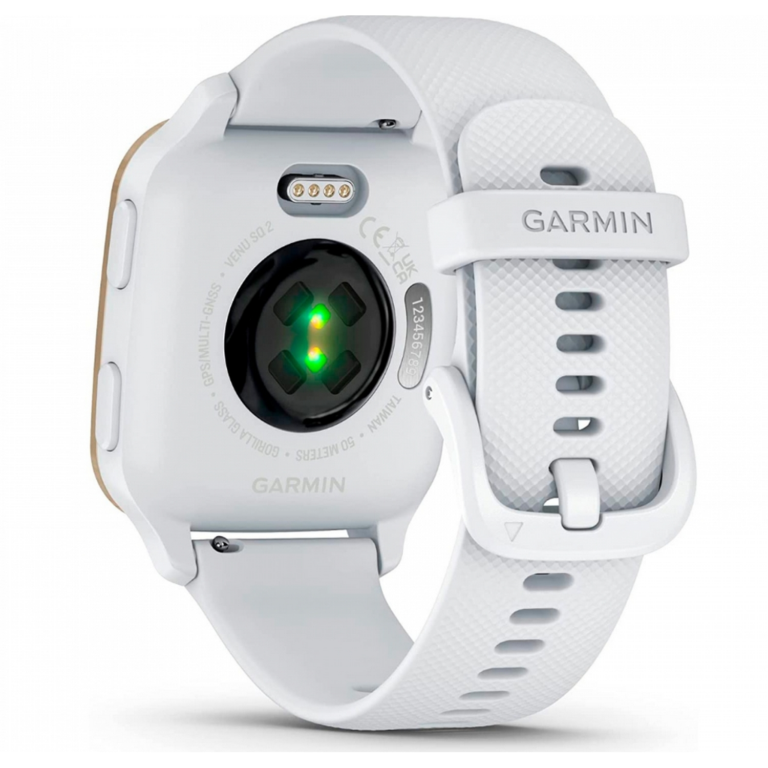Un smartwatch Garmin blanco con correa blanca, mostrando la parte trasera con luz verde y botones.