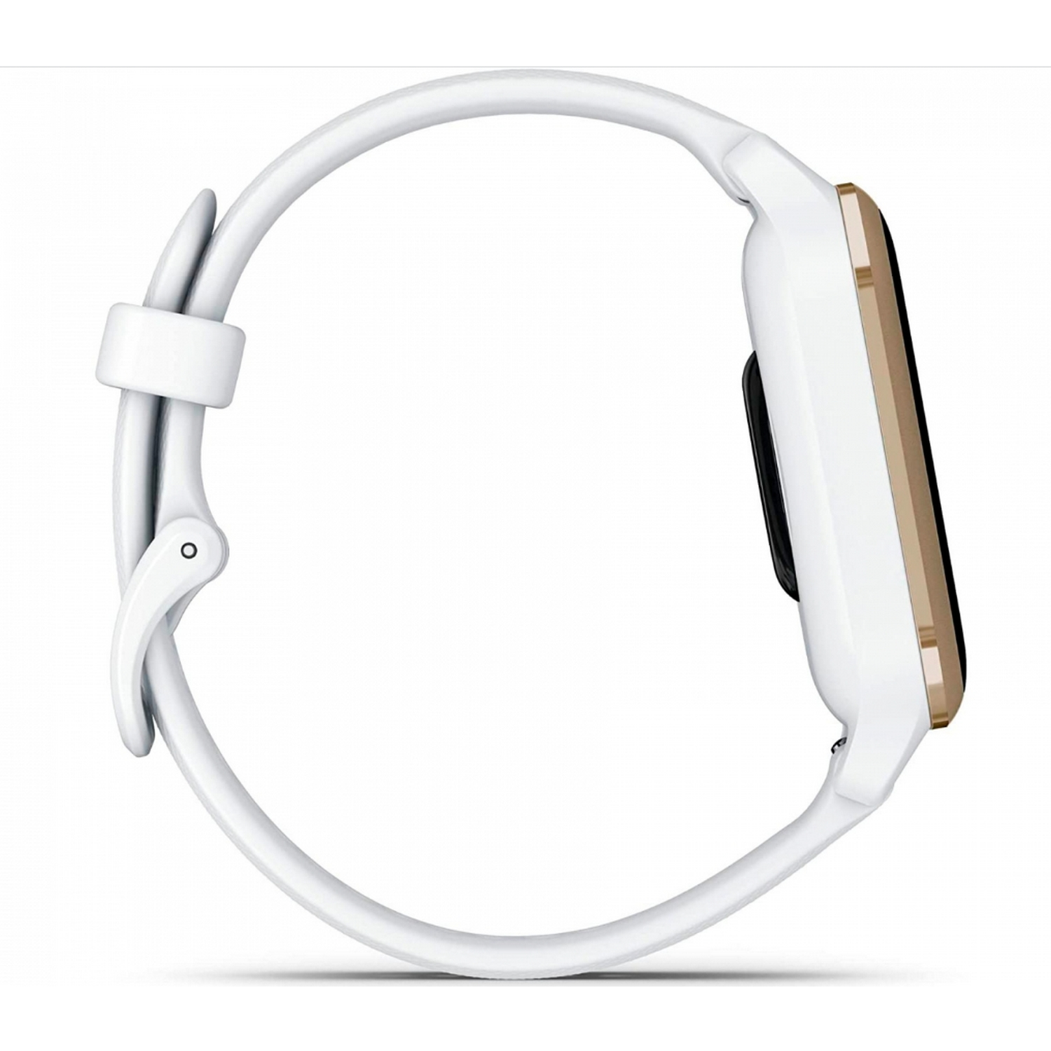Smartwatch blanca con acento dorado, correa blanca. Vista lateral, fondo blanco.