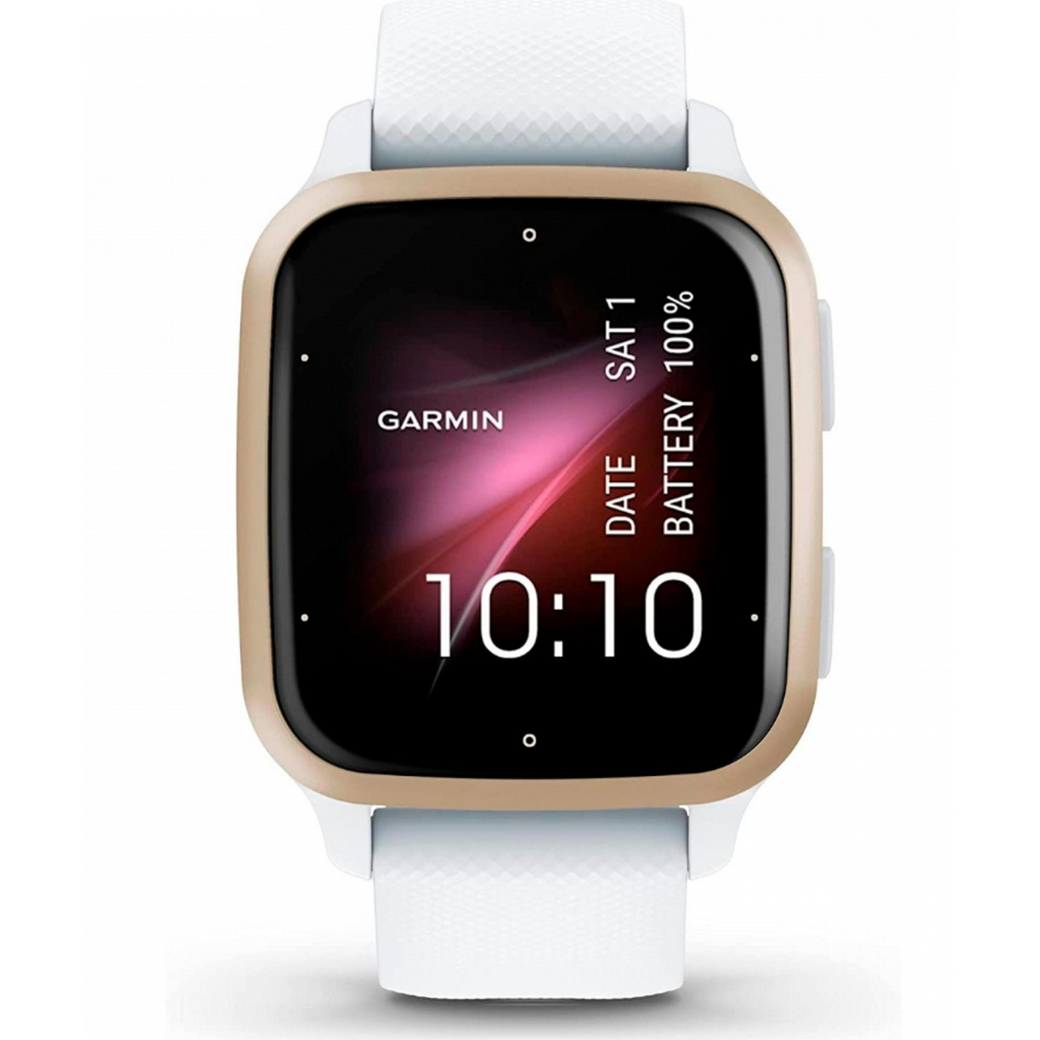 Smartwatch Garmin con correa blanca. Bisel dorado. Pantalla negra. Visualización de fecha y hora.