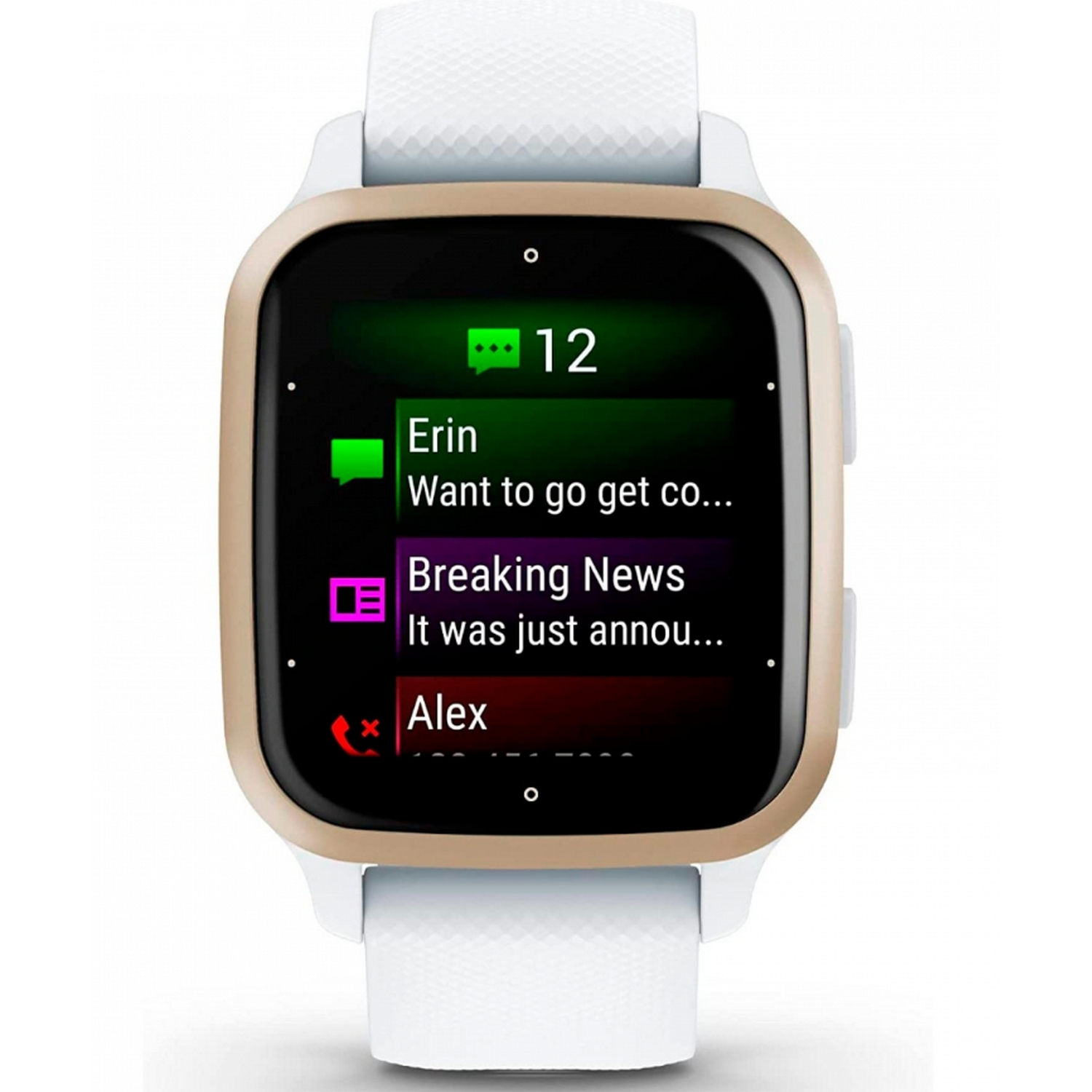 Un smartwatch que muestra notificaciones de Erin, Breaking News y Alex en su pantalla.