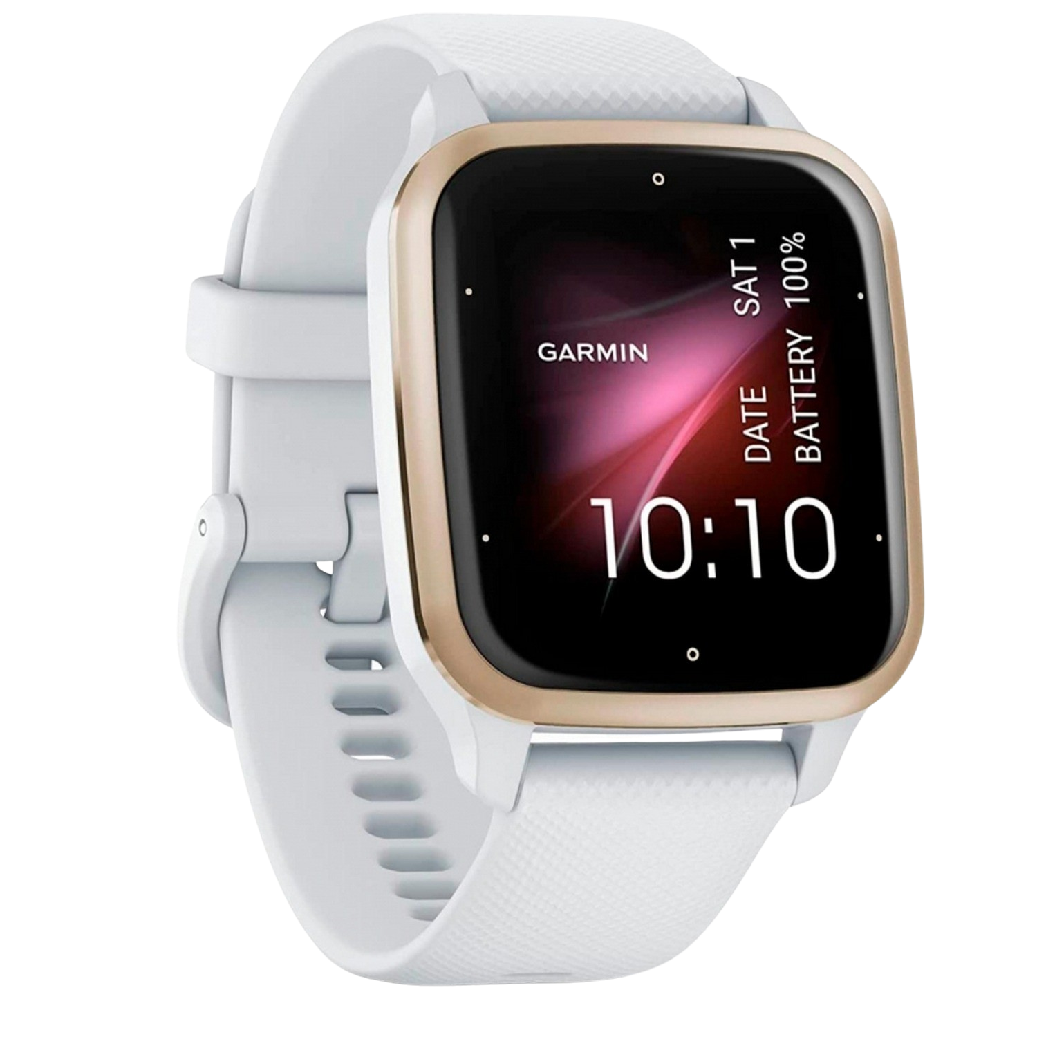 Reloj inteligente Garmin blanco con bisel dorado, correa blanca. Pantalla muestra hora 10:10, batería 100% y fecha.