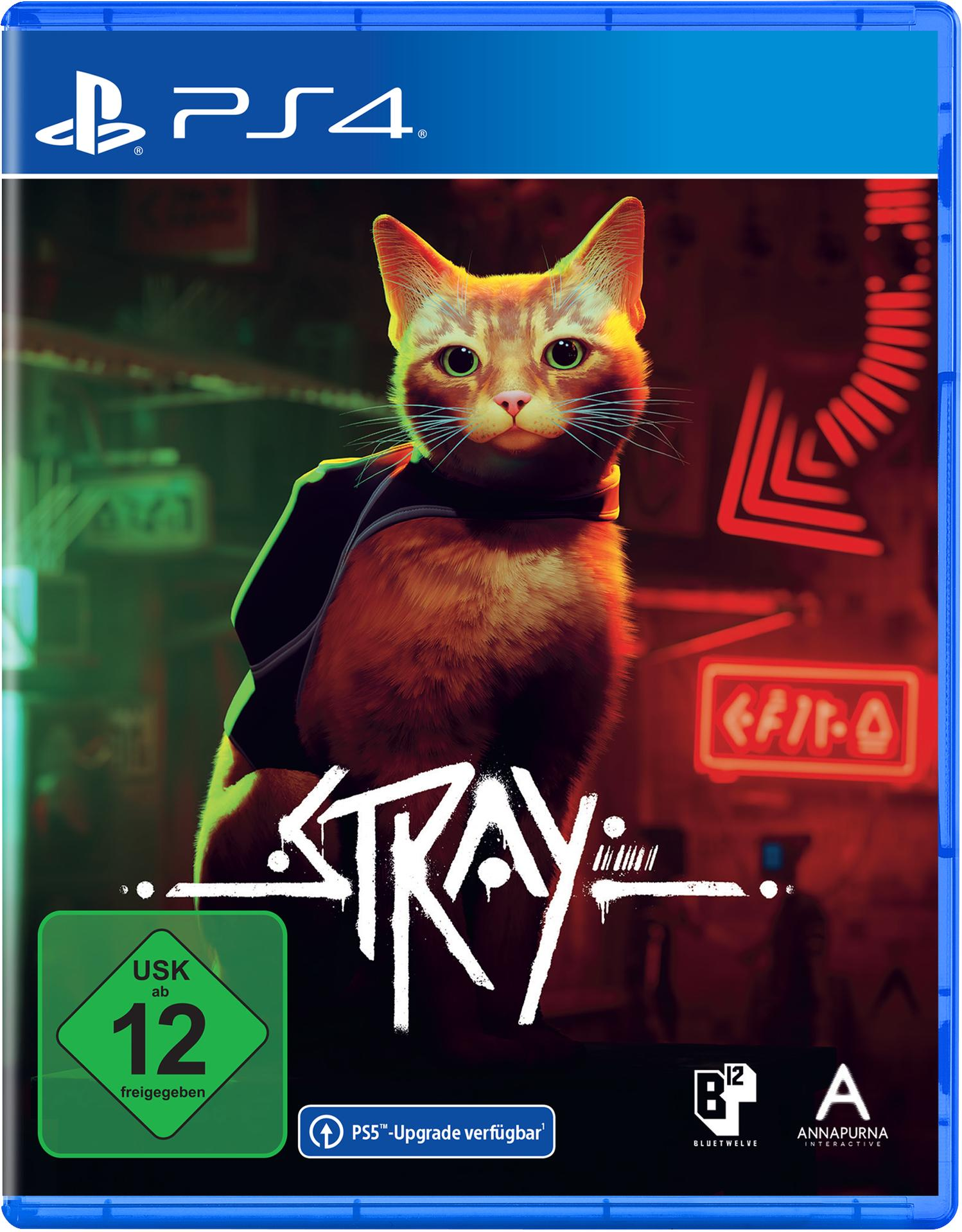 PS4-Spielcover mit einer Katze auf der Vorderseite. Das Spiel trägt den Titel "Stray".