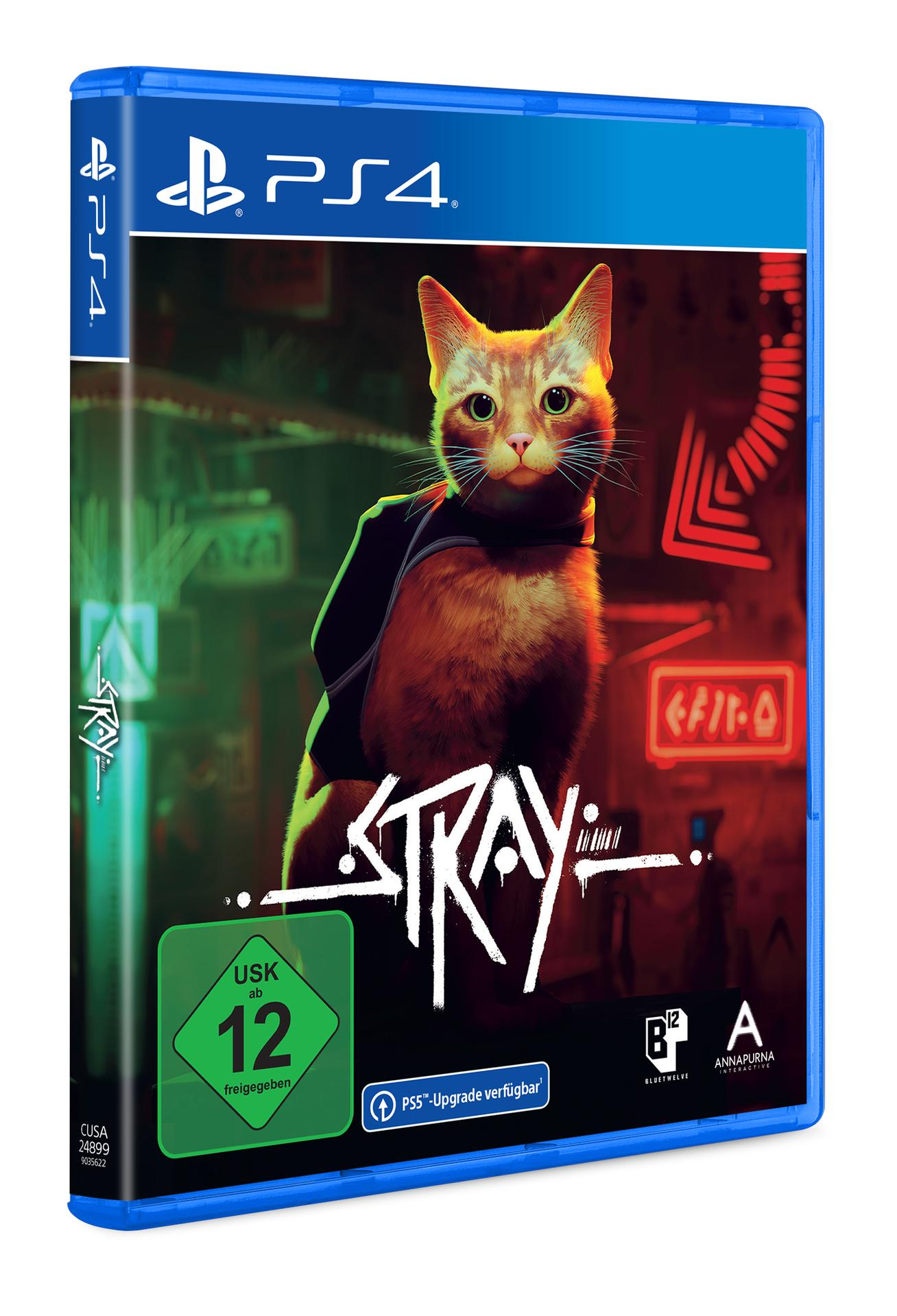 Stray-Spielhülle für PS4. Auf dem Cover ist eine Katze mit Rucksack abgebildet.