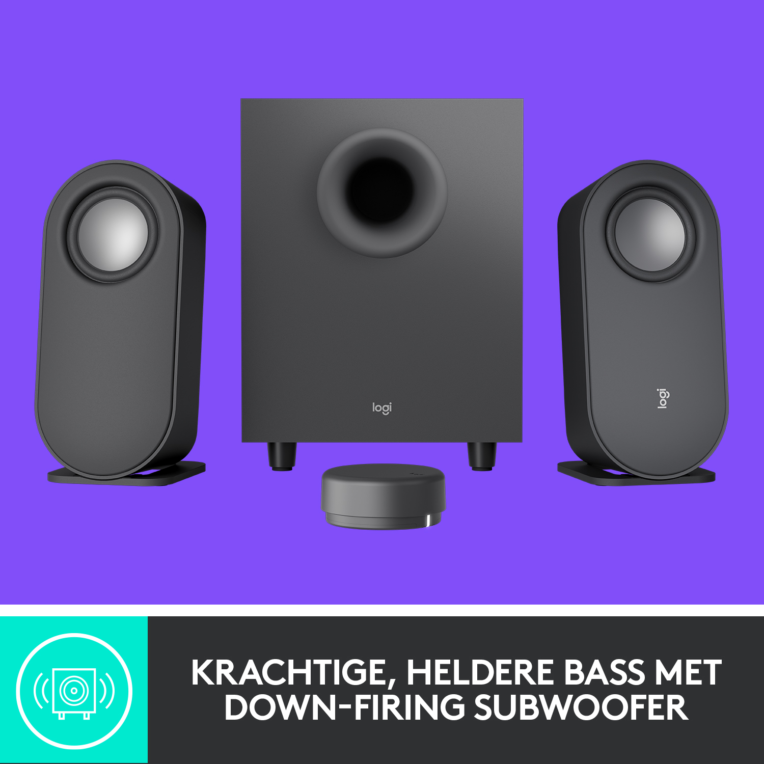 Black speaker system with two speakers, a subwoofer, and a control.