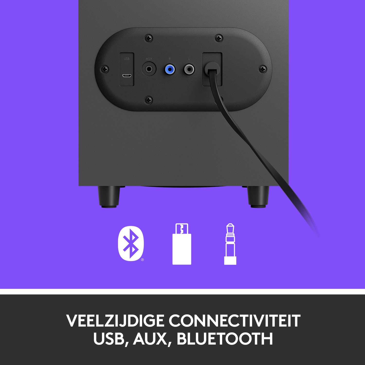 Back of a black speaker with ports, bluetooth, and AUX symbols, USB port is visible.