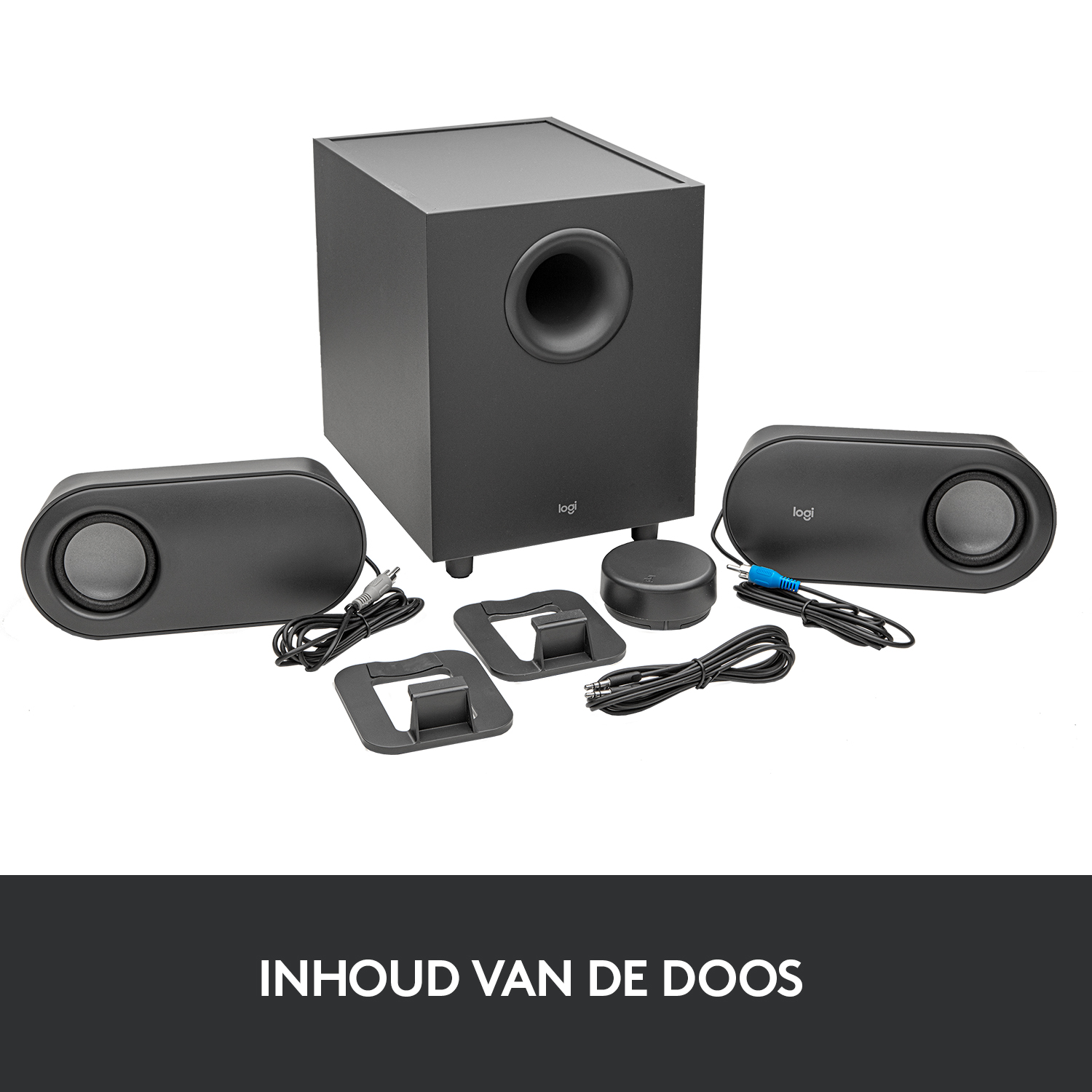 Black speaker system with subwoofer and two satellite speakers.