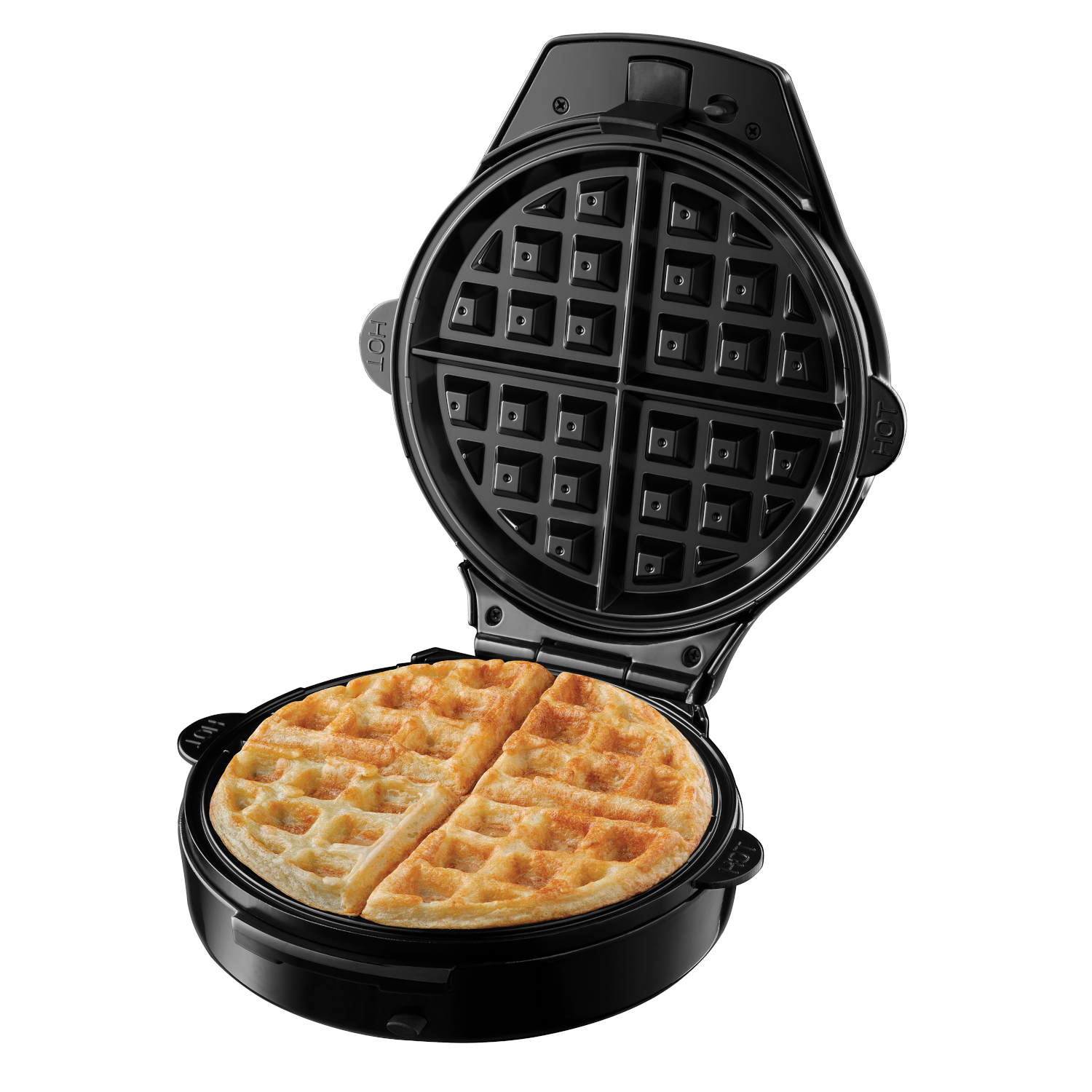 Black waffle maker, open with cooked waffles. The waffles are golden brown and round.