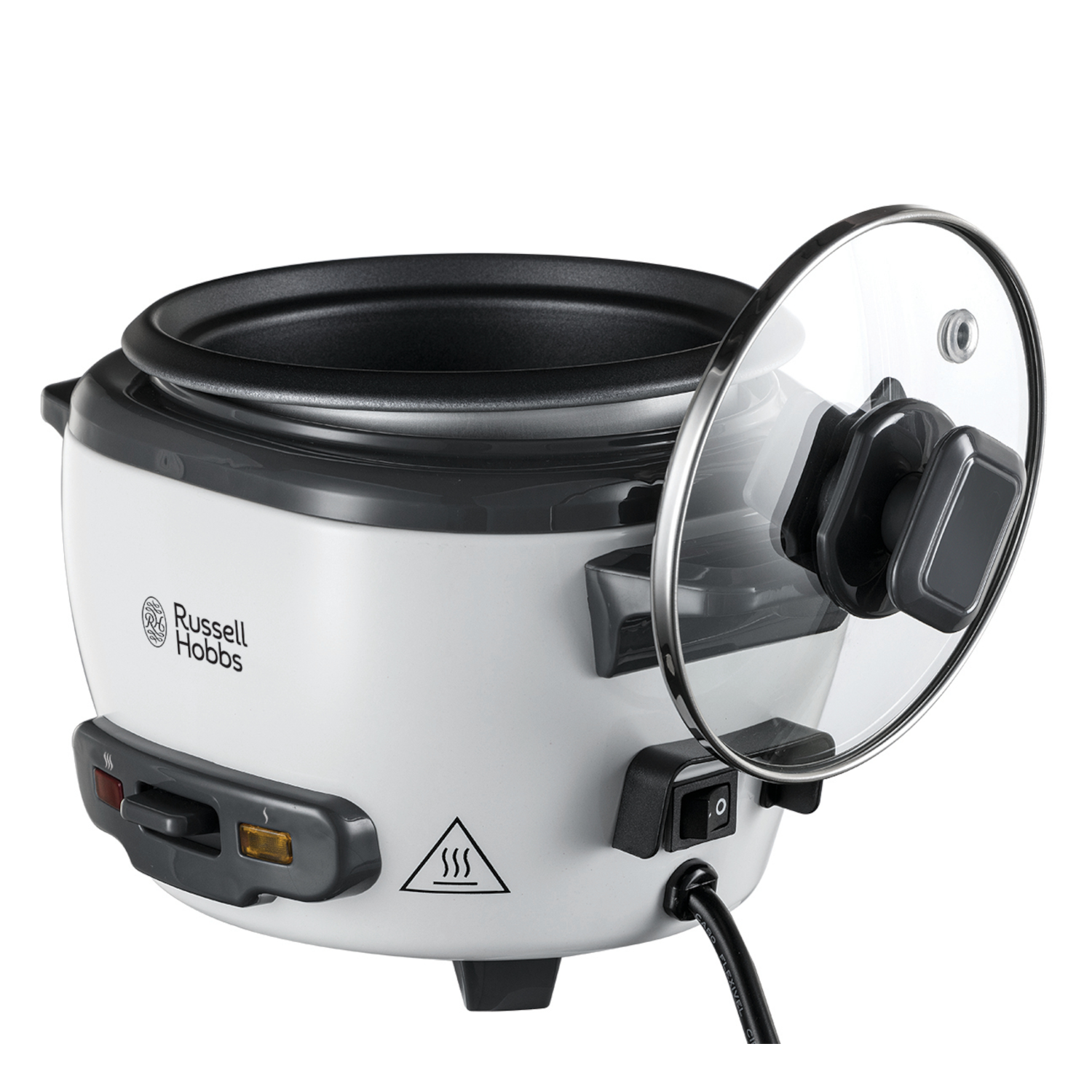 White rice cooker with a glass lid open.