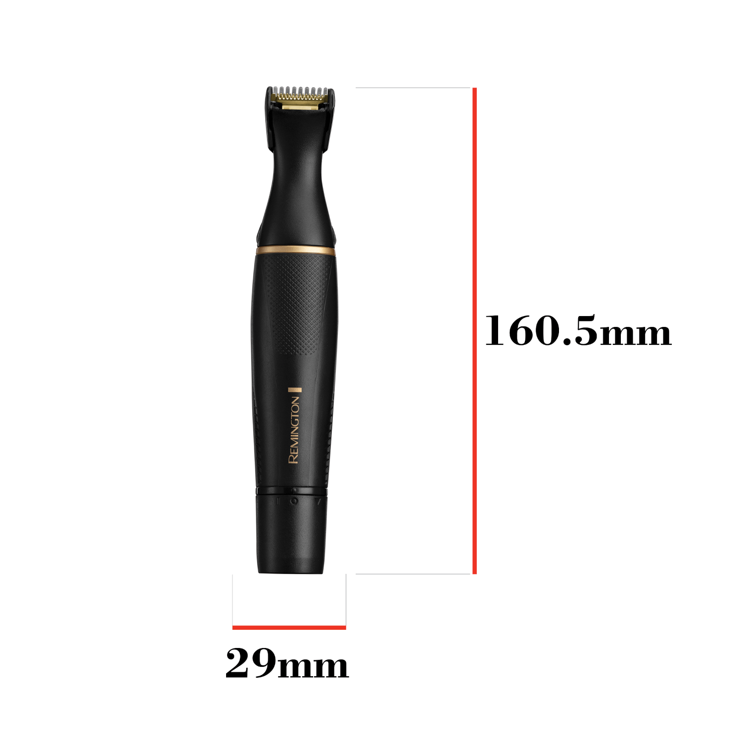 Black Remington trimmer with dimensions, a black and gold design, white background.
