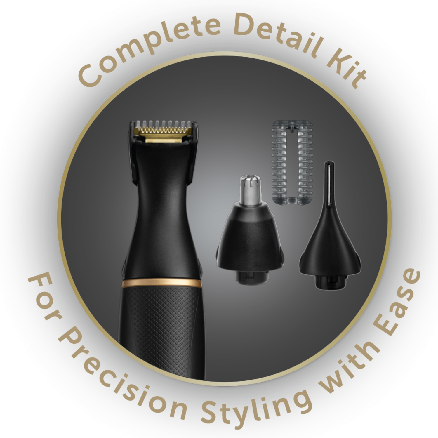Circular graphic with a beard trimmer and accessories, text: Detail Kit.