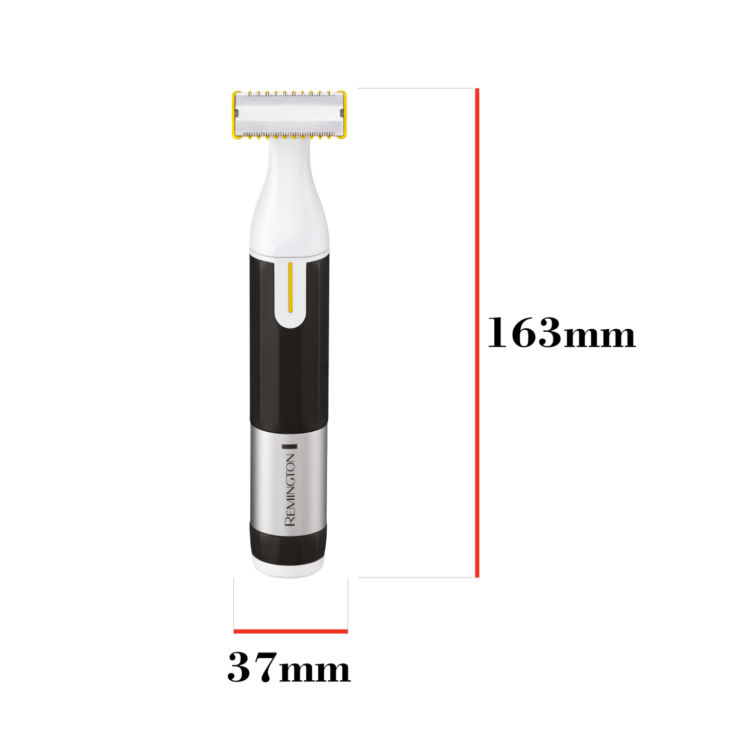 A black and white Remington trimmer with measurements of 37mm and 163mm.