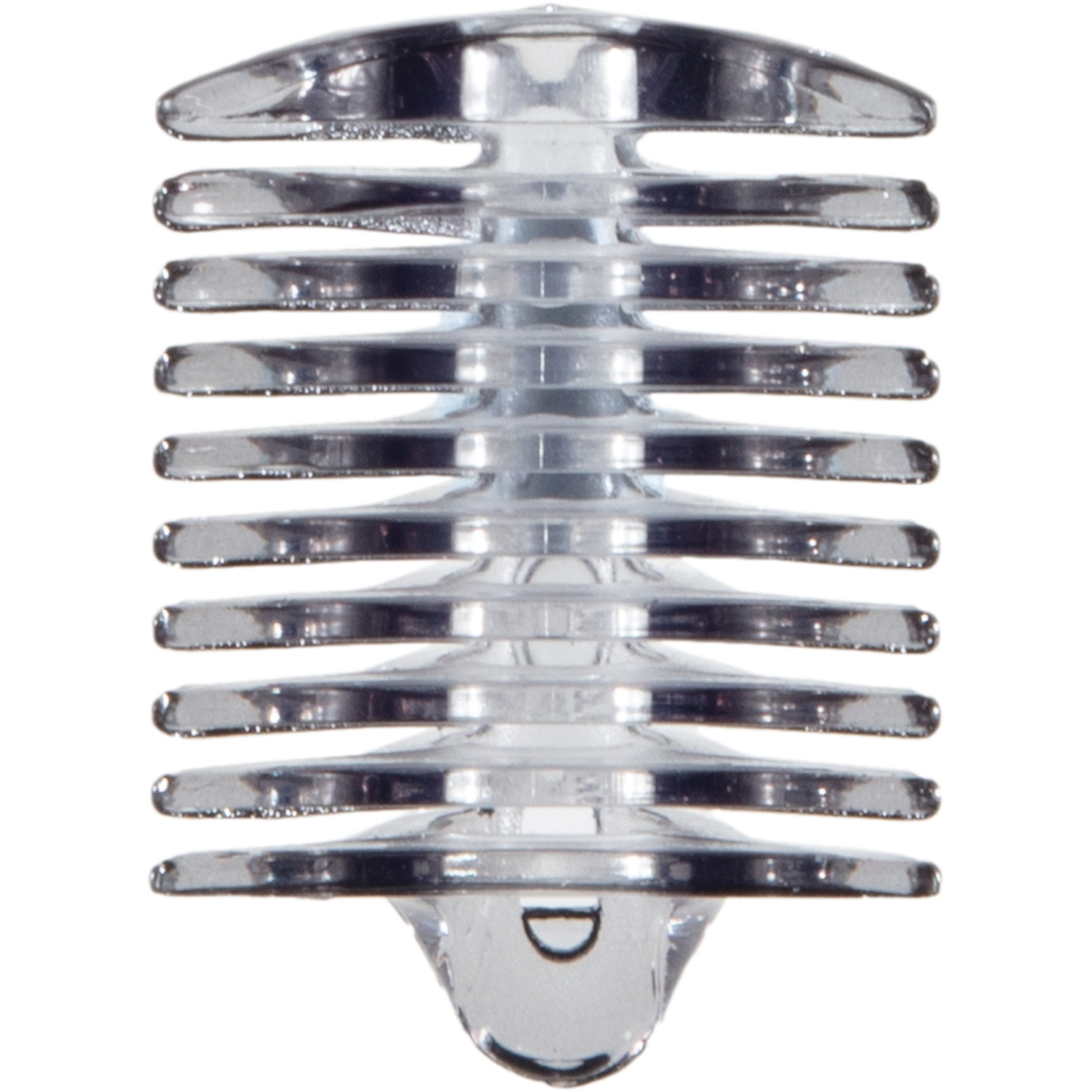 Clear, transparent plastic object with multiple horizontal layers.