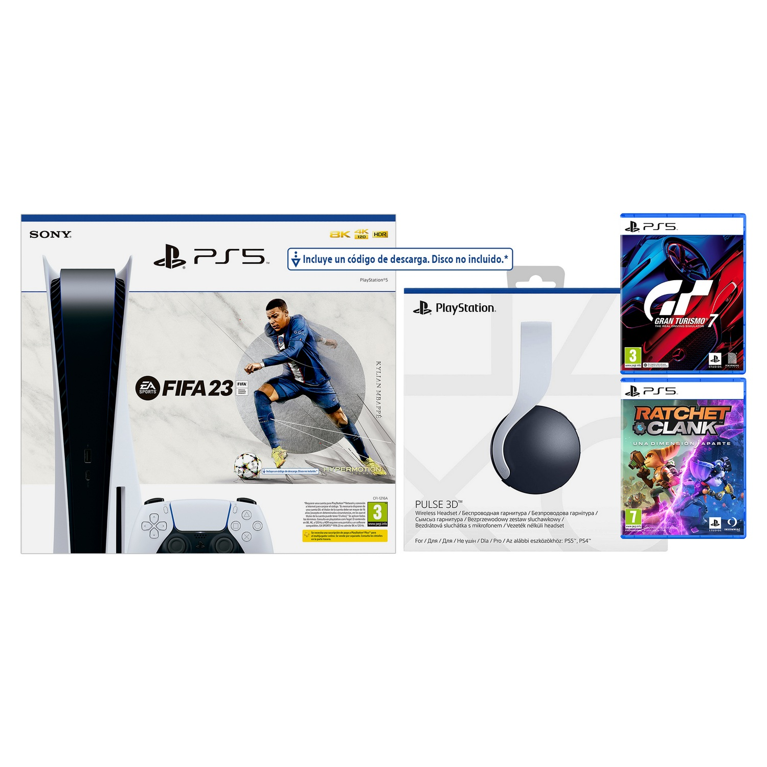 Consola PS5, controlador y cajas de juegos sobre un fondo blanco.