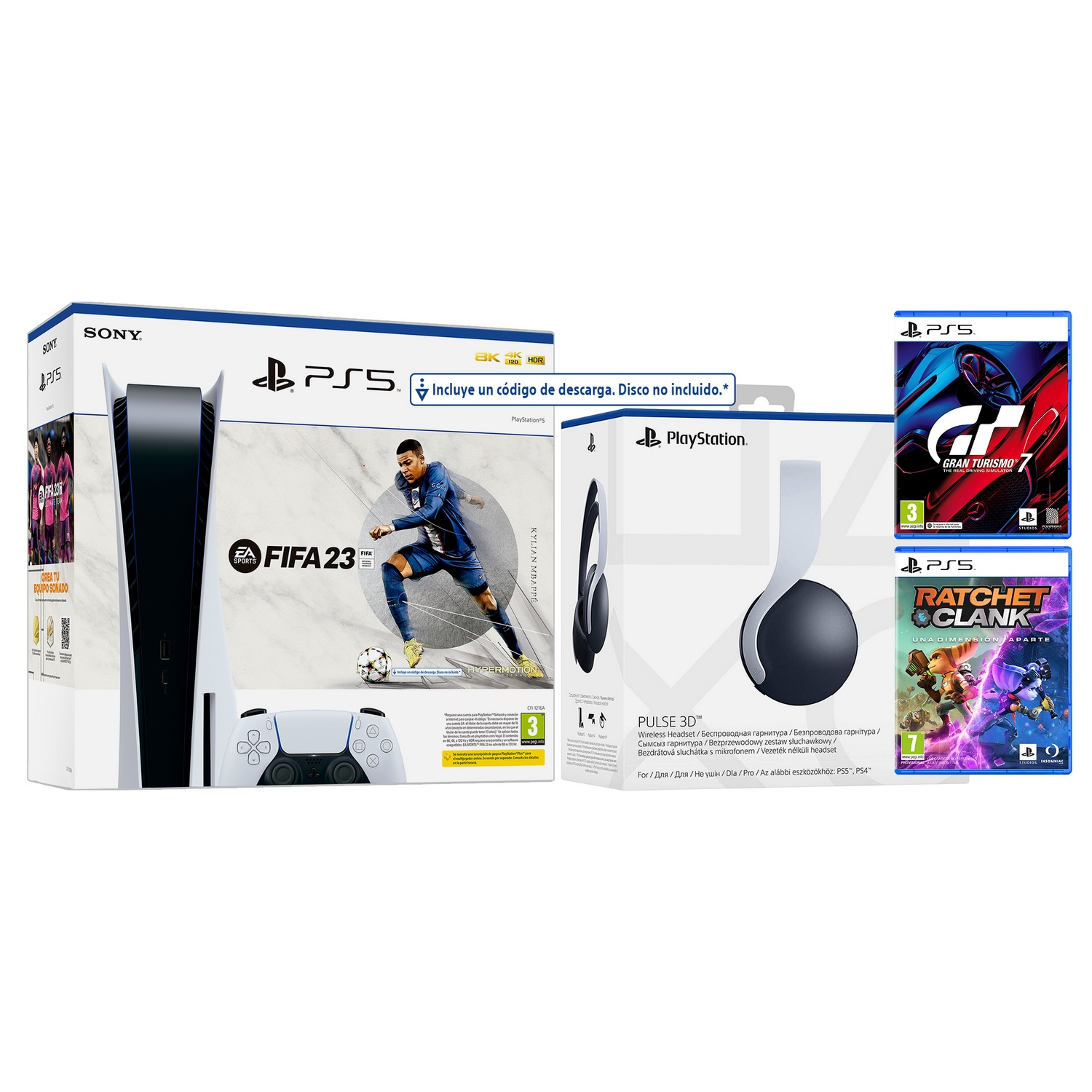 Paquete PS5: consola, controlador, auriculares y juegos (FIFA 23, Gran Turismo, Ratchet).