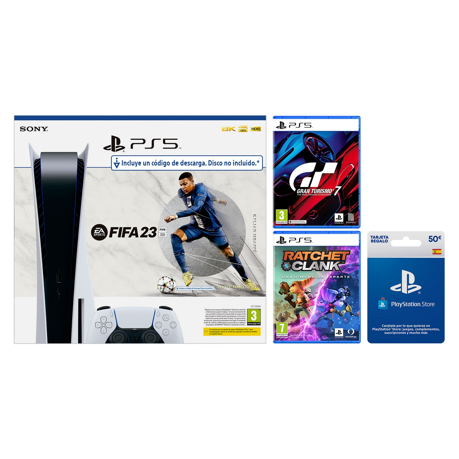 Un paquete de consola y juegos PlayStation 5 que incluye FIFA 23, Gran Turismo 7 y Ratchet & Clank.