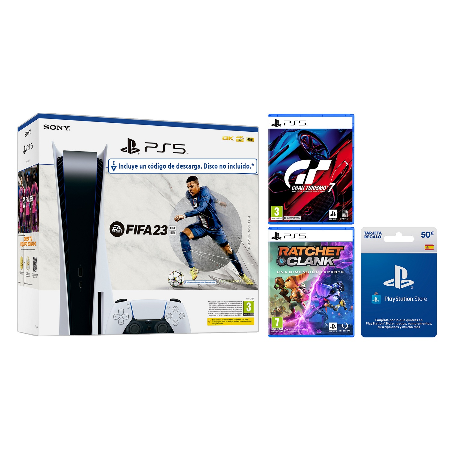 Una consola PS5 con juegos y una tarjeta de regalo. Los juegos son FIFA 23, Gran Turismo 7 y Ratchet & Clank.