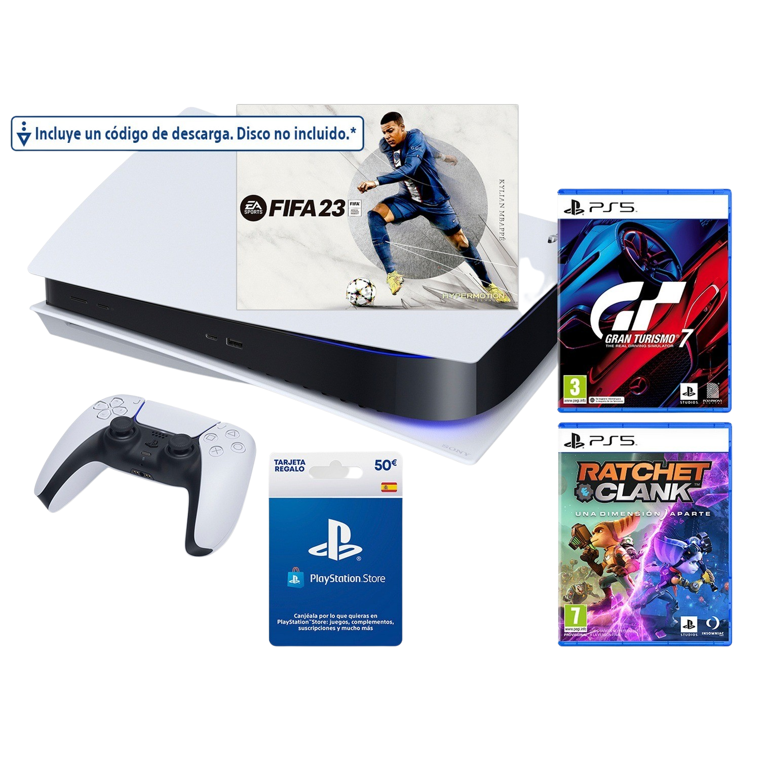 Una consola PS5, un mando, una tarjeta de regalo y dos cajas de juegos.