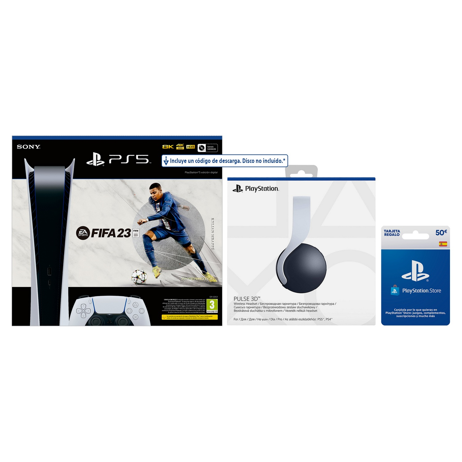 Consola - Sony PS5 Digital C, 825GB, 4K HDR, Blanco + Auriculares gaming Pulse 3D + Juego FIFA 23 (código descarga) + Tarjeta 50€ PS Store
