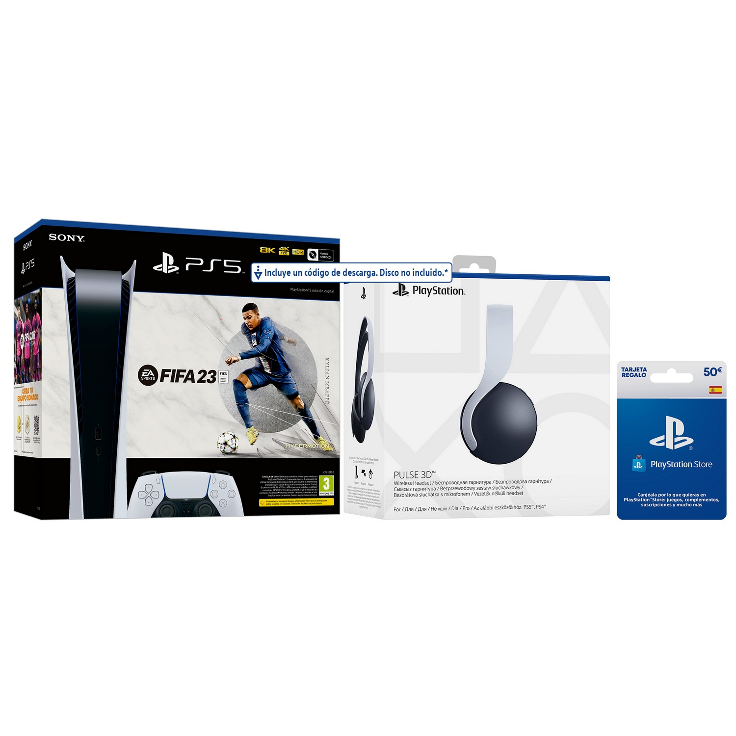 Consola - Sony PS5 Digital C, 825GB, 4K HDR, Blanco + Auriculares gaming Pulse 3D + Juego FIFA 23 (código descarga) + Tarjeta 50€ PS Store