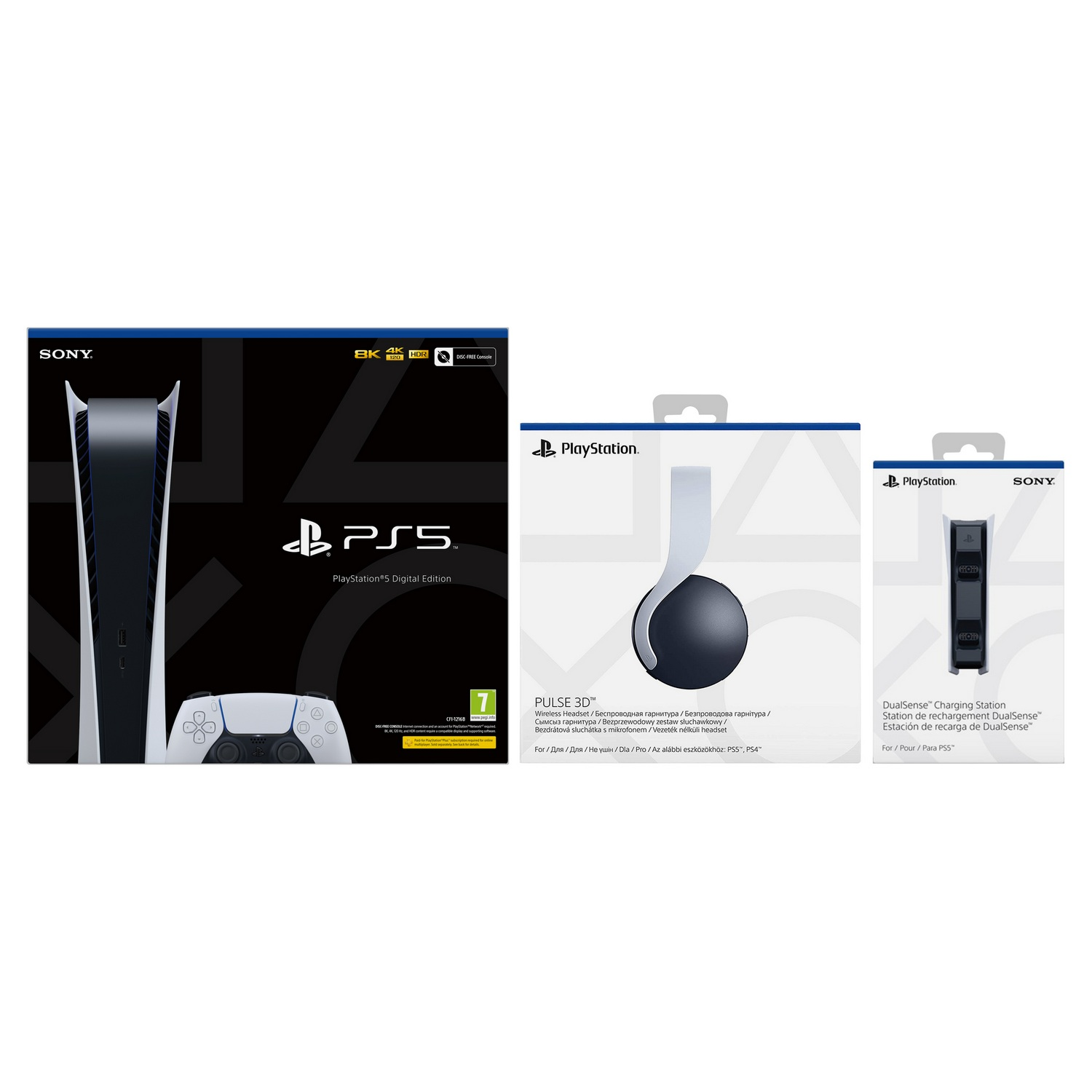 Una consola PlayStation 5 blanca, mando y estación de carga.