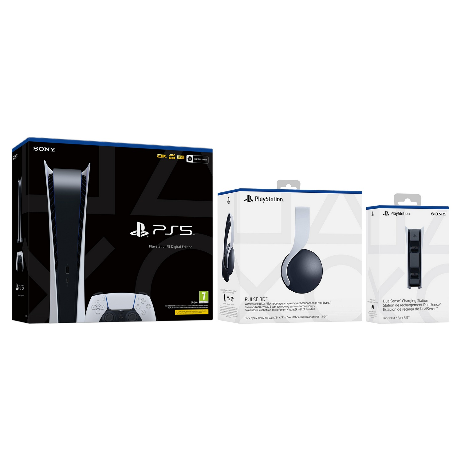 Caja de la edición digital de PlayStation 5 junto a una caja de auriculares y estación de carga.