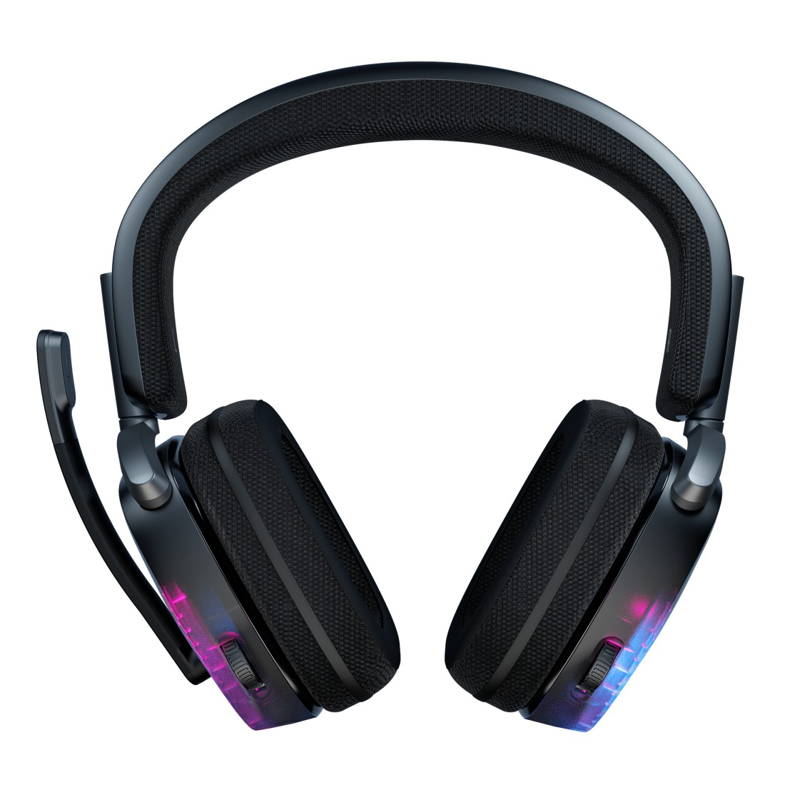 Schwarzes Gaming-Headset. Hat ein Mikrofon und farbenfrohe Beleuchtung an den Ohrmuscheln.