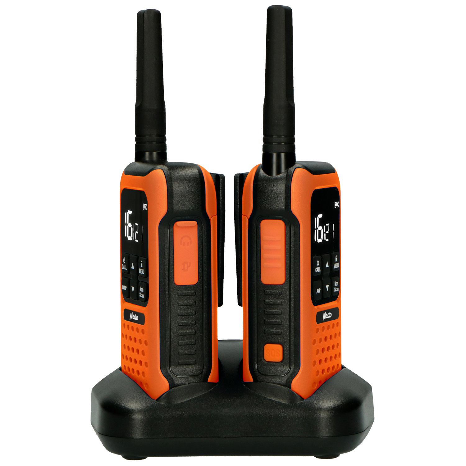 Two orange walkie-talkies in a black charging base.