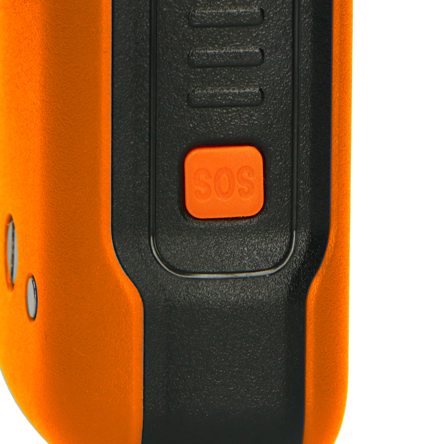 Close-up of an orange and black device with an SOS button in the center.